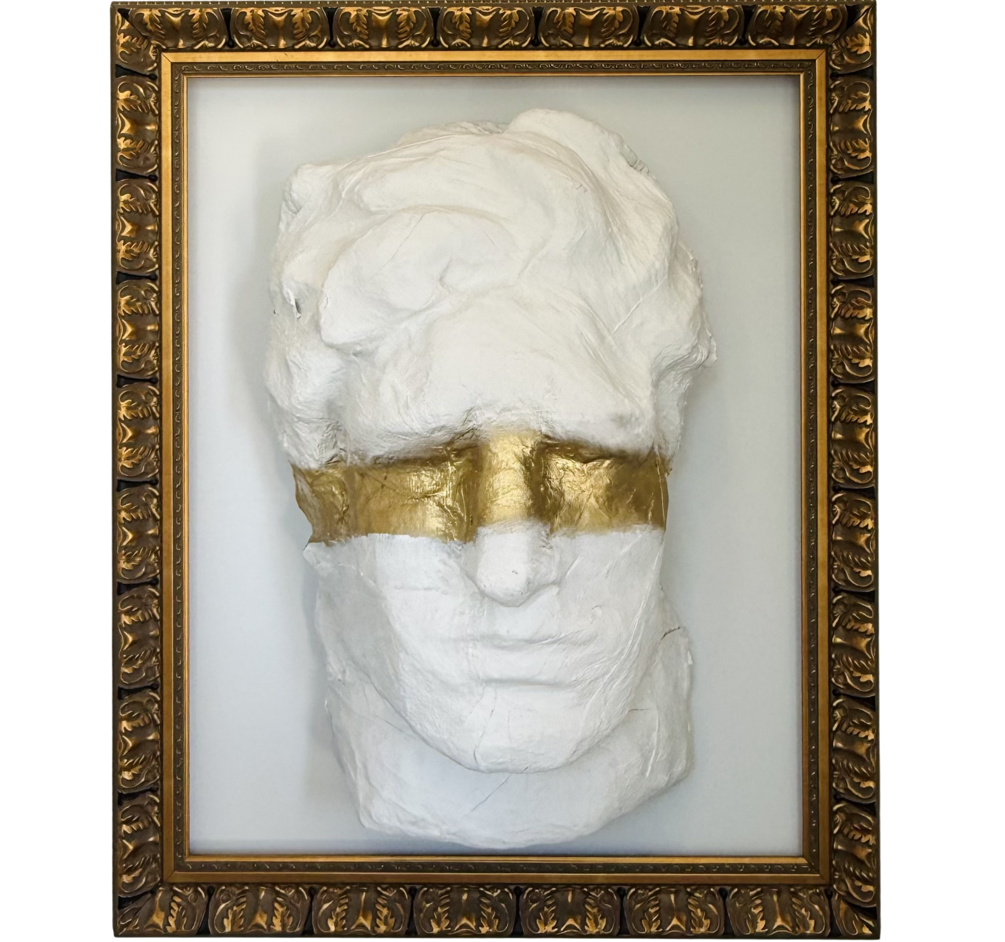8.  "Big Head with Gold Blindfold" Tony Mose | W24" x H36" x D18"; Frame: 36" x 48" | $4800