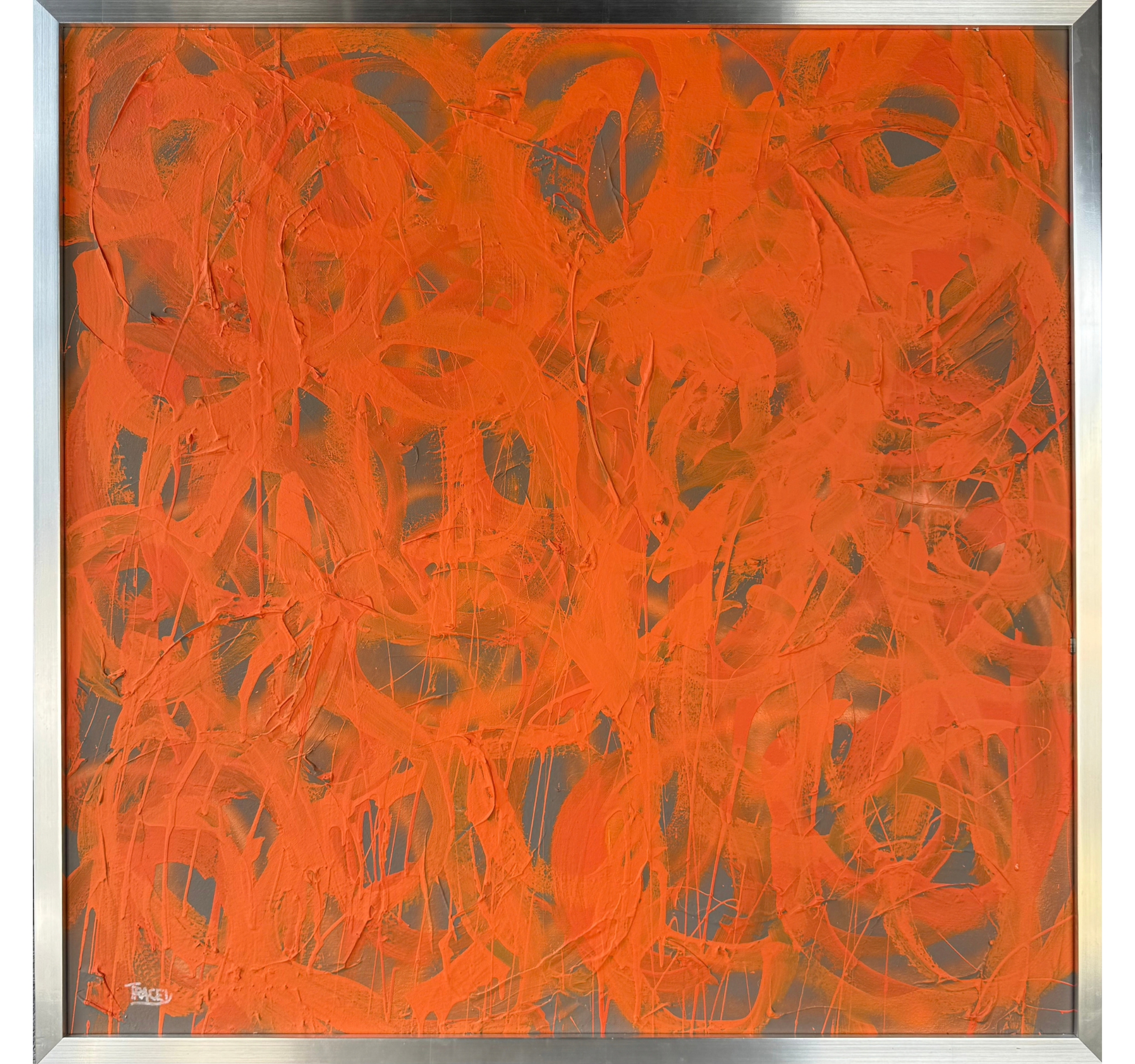 “Love Song in Orange” Tracey Mose | 36” x 36”; Frame: 37.5” x 37.5” | $2,700