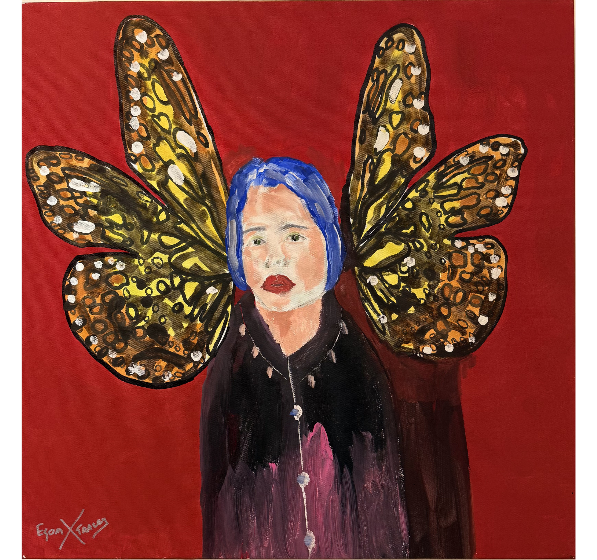 44. "Butterfly Girl on Red" ESOM x Tracey | 24" x 24" | $1296