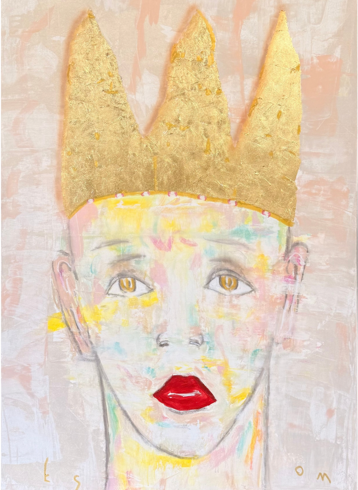 A figurative painting of a king's head with gold leaf crown and pastel colors by Tony Mose, New Orleans artist.