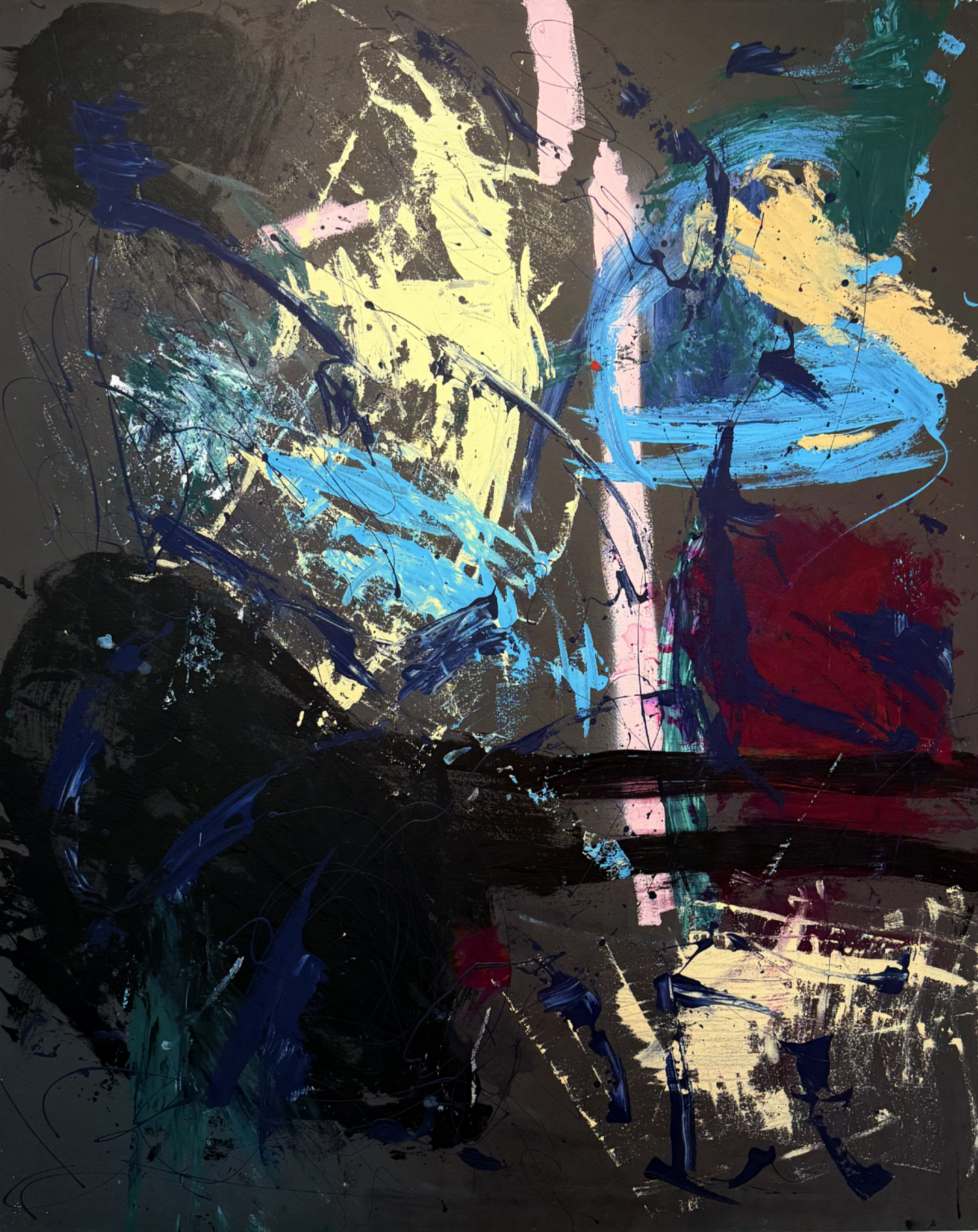 An abstract painting on a dark gray background with multi-color strokes by Tracey Mose, New Orleans artist.