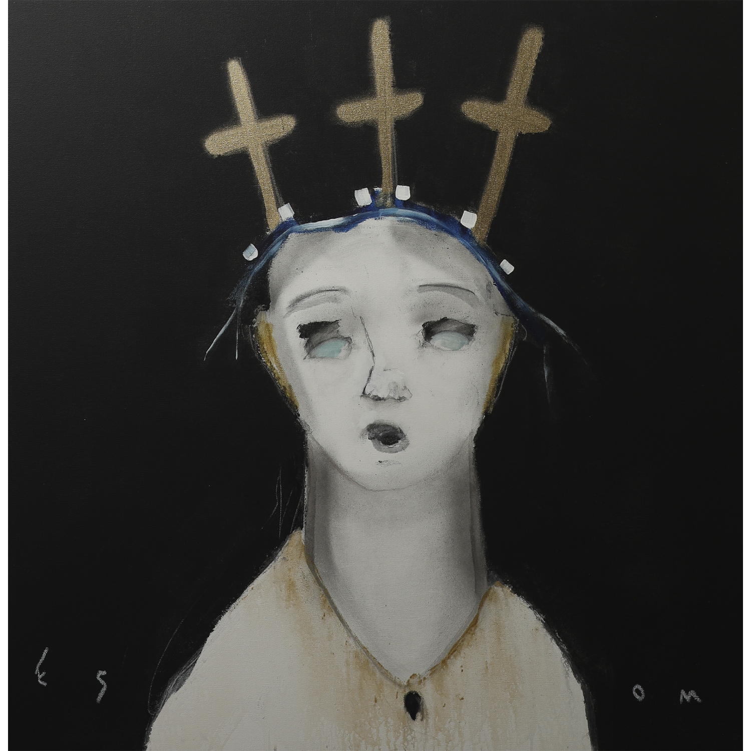 "Figure with Blue Eyes and Three Gold Crosses" • 36 x 36