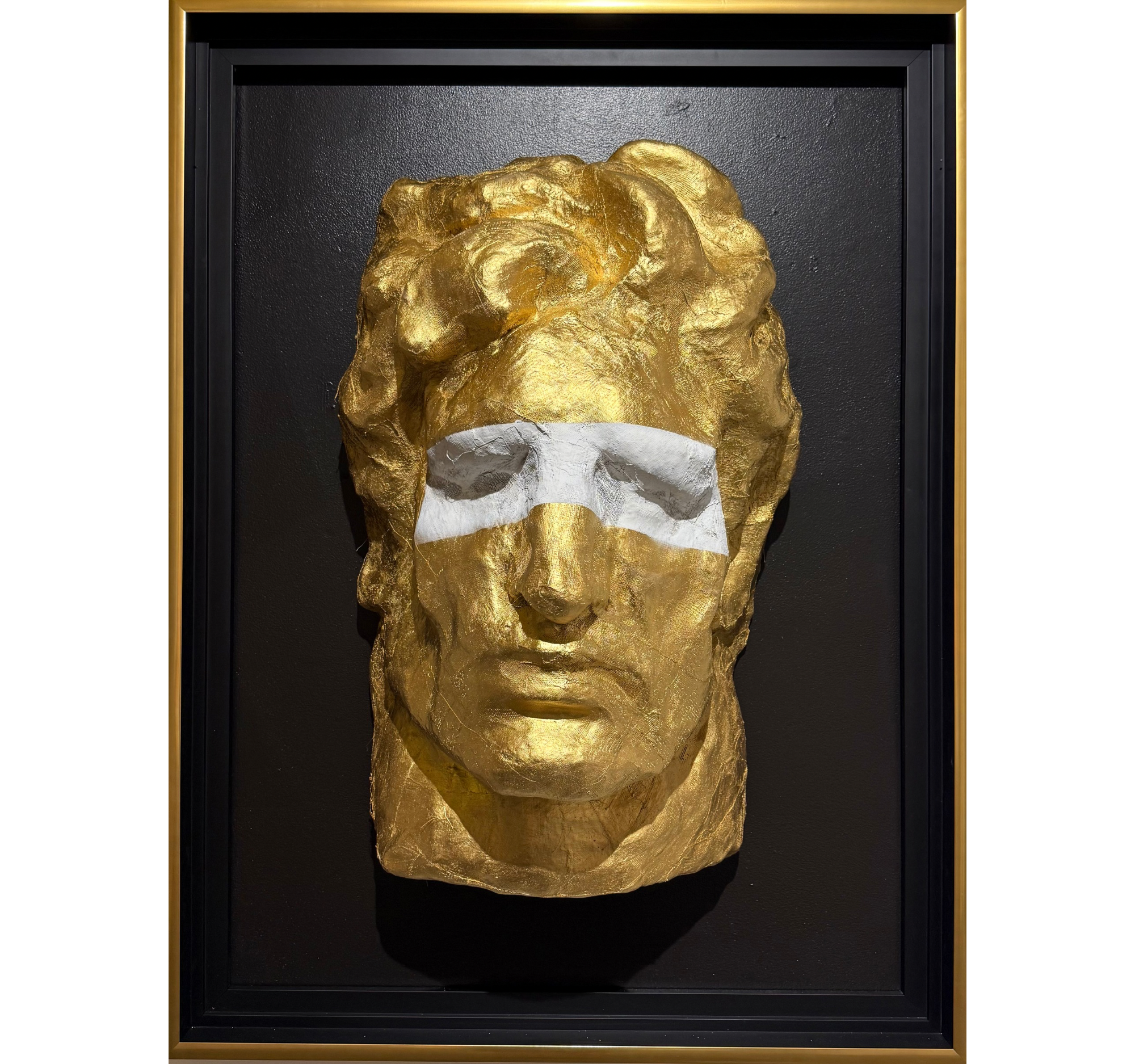 130. "Big Head in Gold With White Blindfold" Tony Mose | W20" x H33" x D15"; Frame: 37" x 49" | $5000