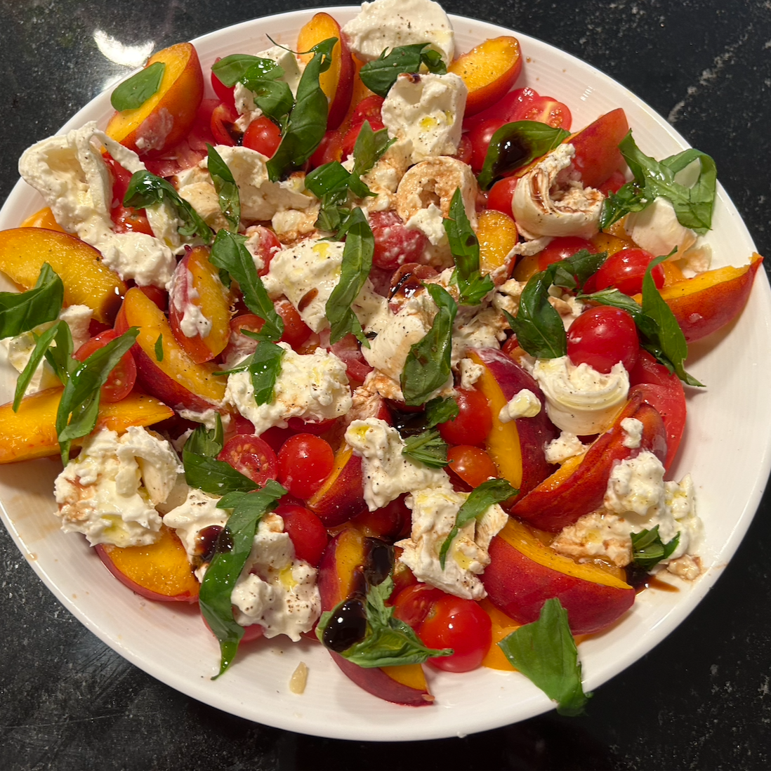 Tomato Peach Burrata Salad