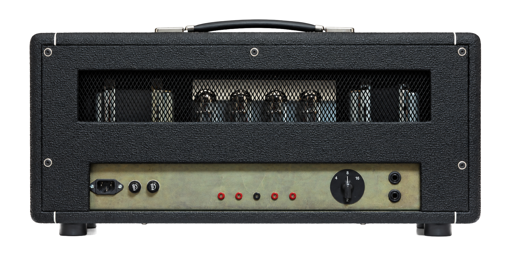 Rear of the Gosh Custom 100, showing the mesh ventilation panel, power connection, impedance selector, and speaker outputs.