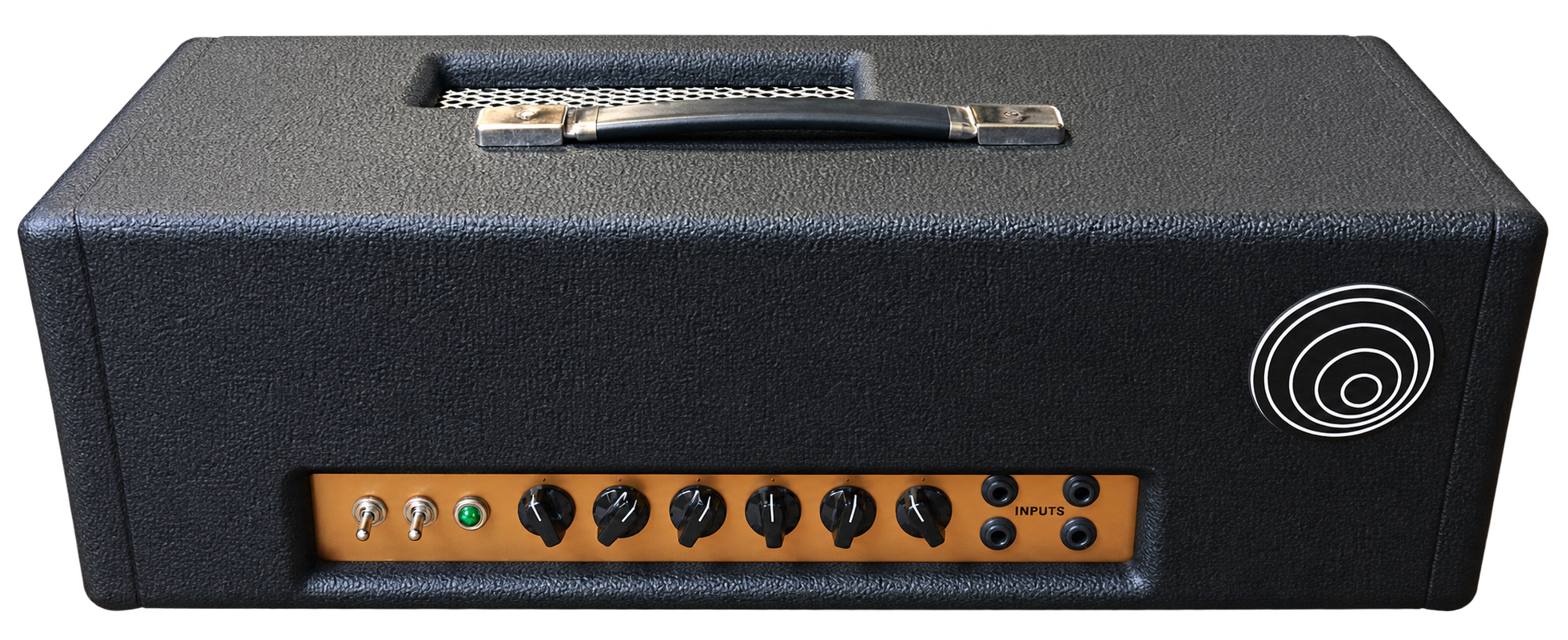 Gosh GS45 amplifier head with a wide black cabinet, white spiral logo, and recessed gold control panel.