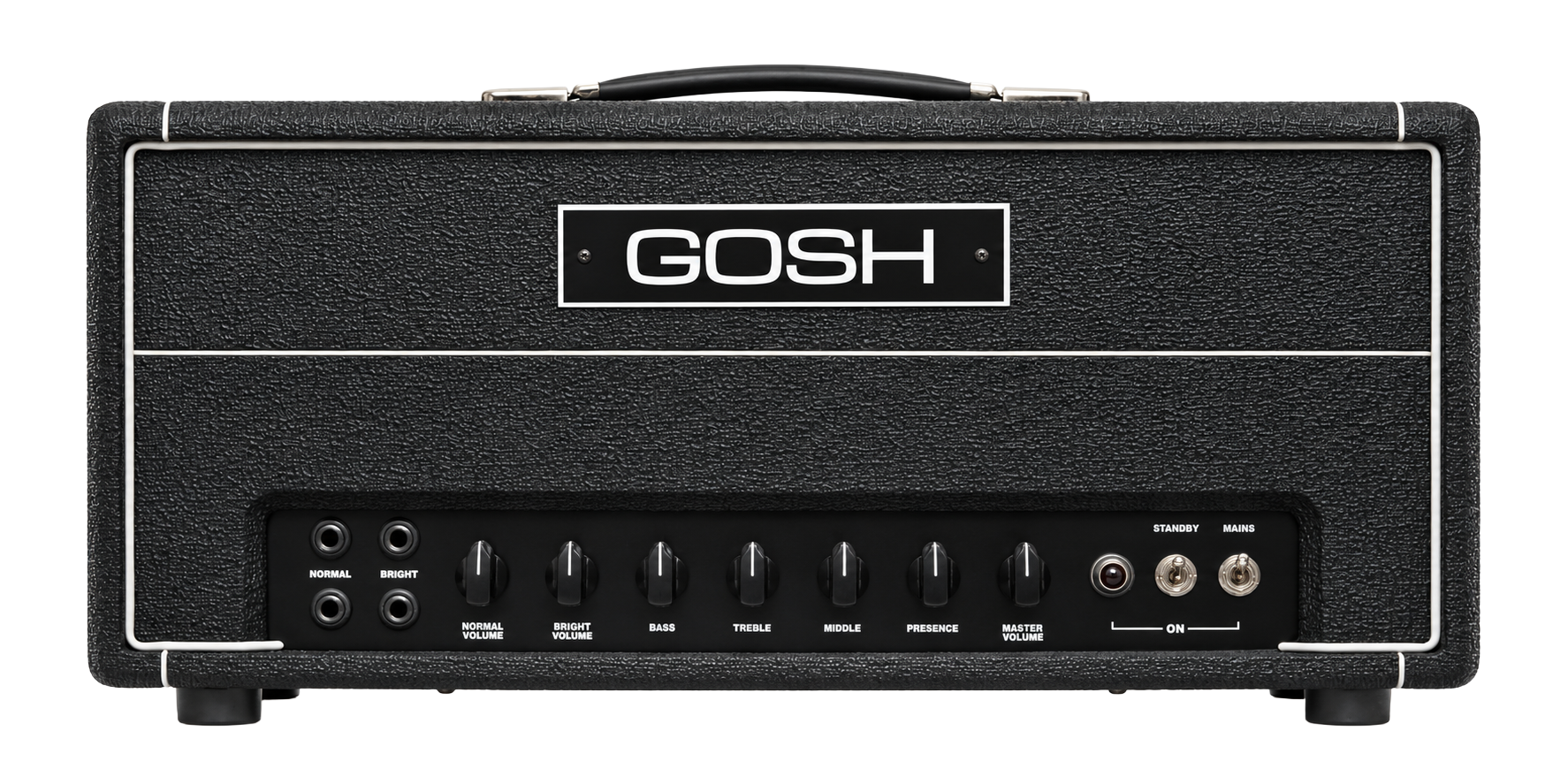 Gosh Custom 100 amplifier head with black textured covering, white trim, GOSH badge, and front-mounted controls.