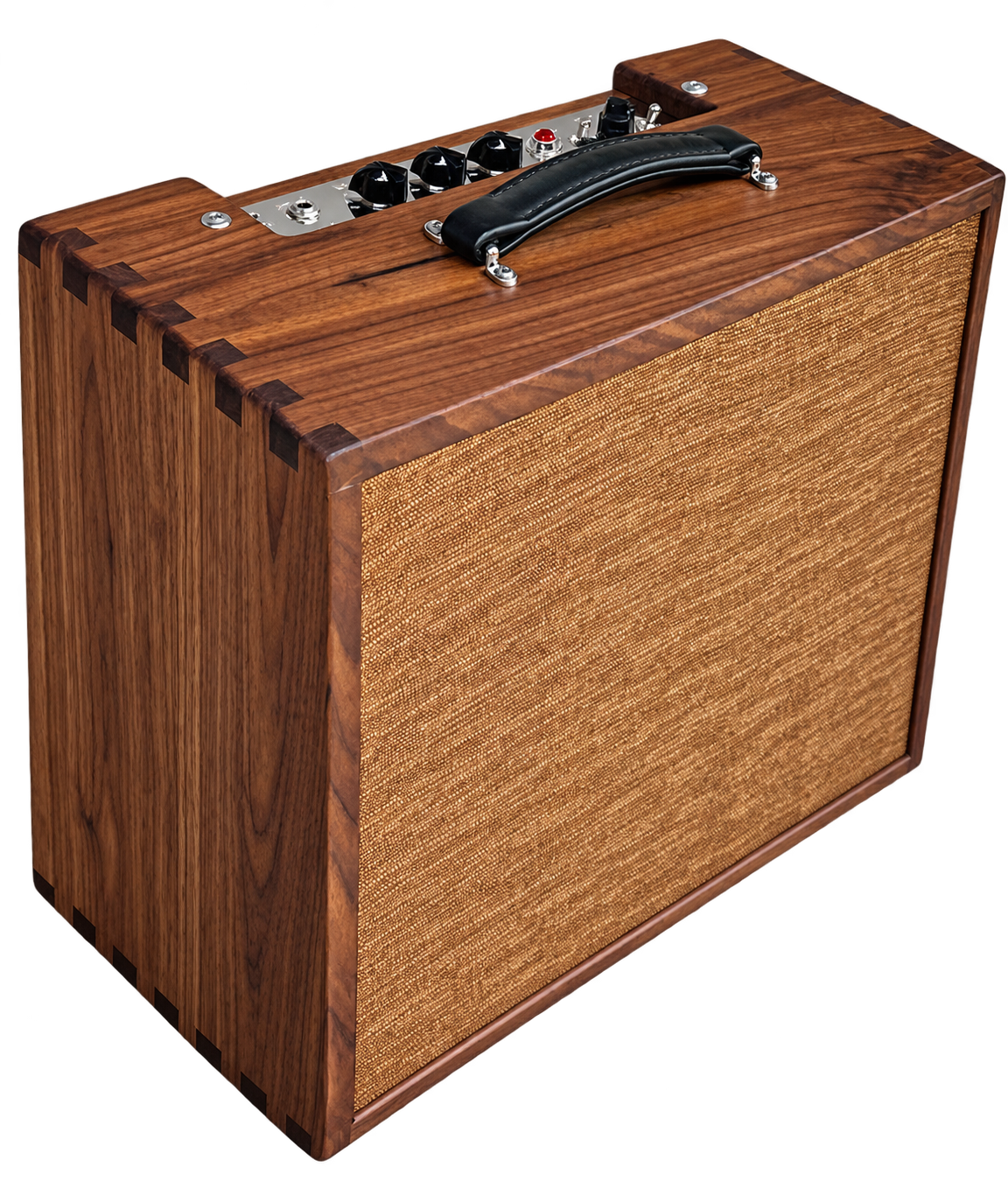 Custom tube combo amplifier with a natural wood cabinet, exposed finger joints, brown grille cloth, and top-mounted controls.