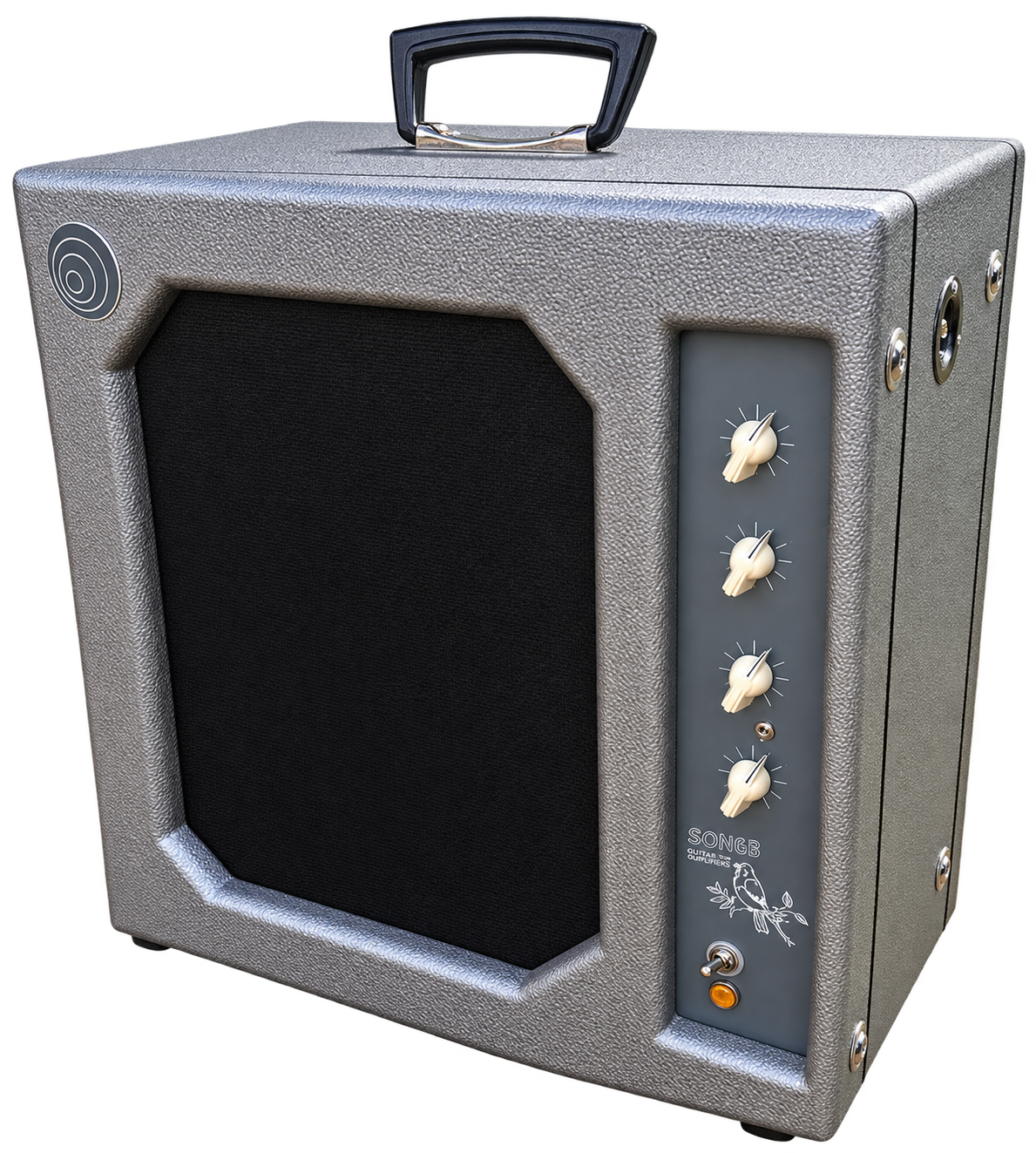 Gosh Songbird combo amplifier with silver textured covering, black grille cloth, and a vertical control panel with ivory knobs.