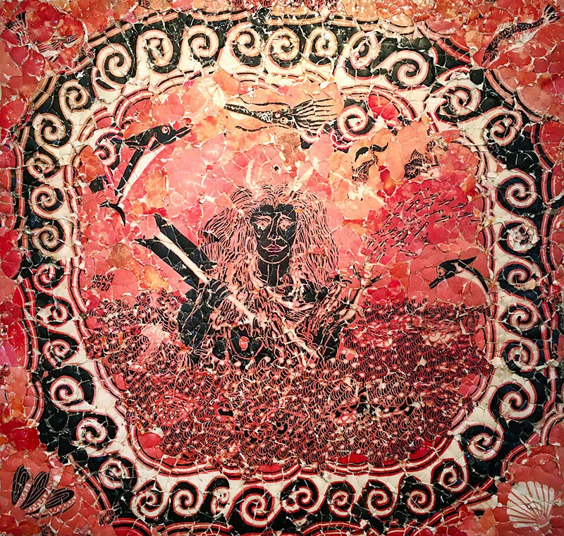 "Thalassa", 15.5" square, batiked eggshell collage on found wood, 2020