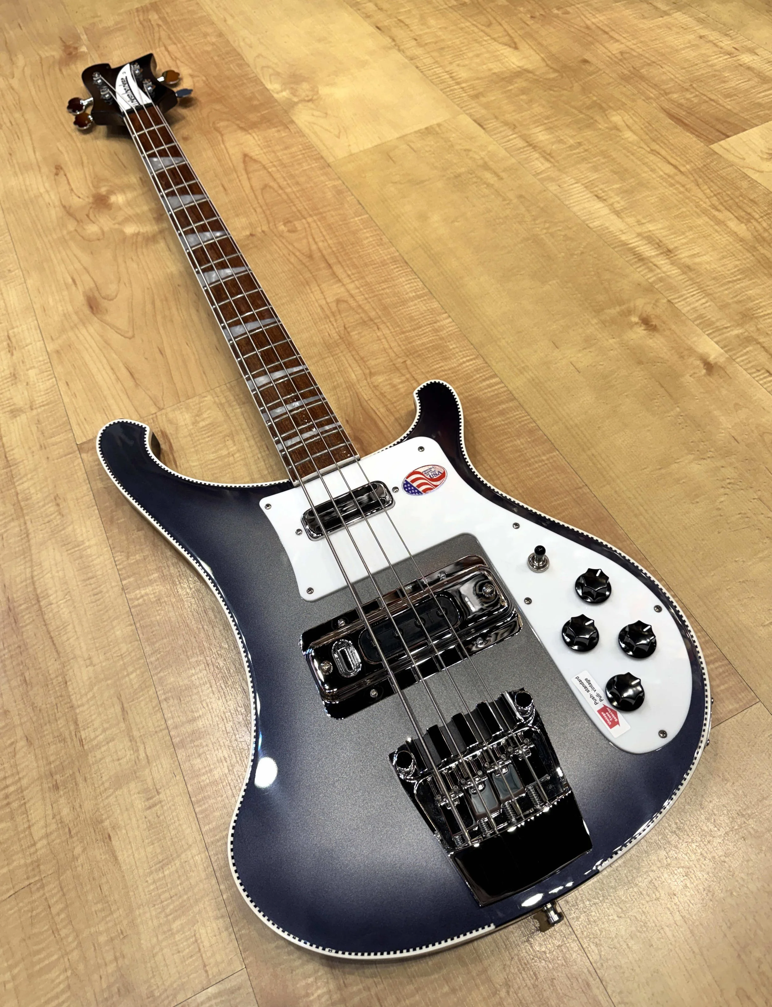 The bottom of the 2026 Rickenbacker Fab Gear Limited Edition 4003 Bass in Silverburst