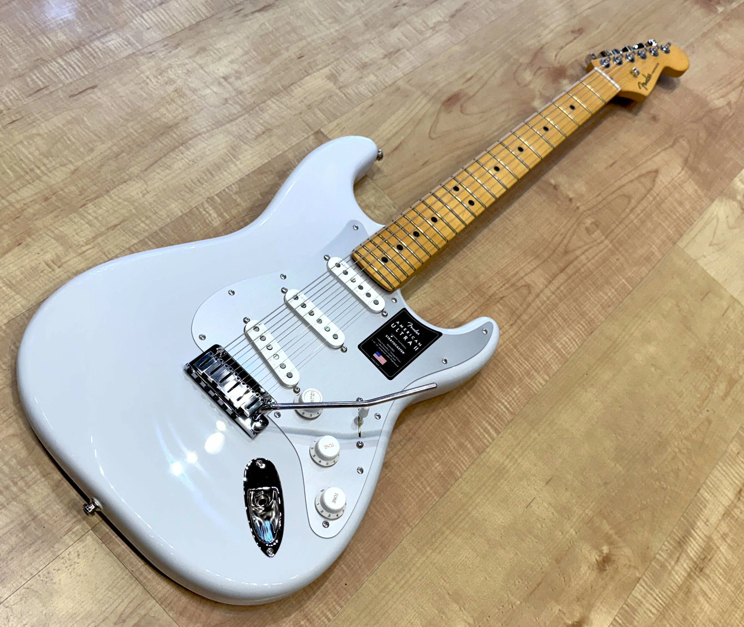 Full view of the Fender American Ultra II Stratocaster Electric Guitar In Avalanche White