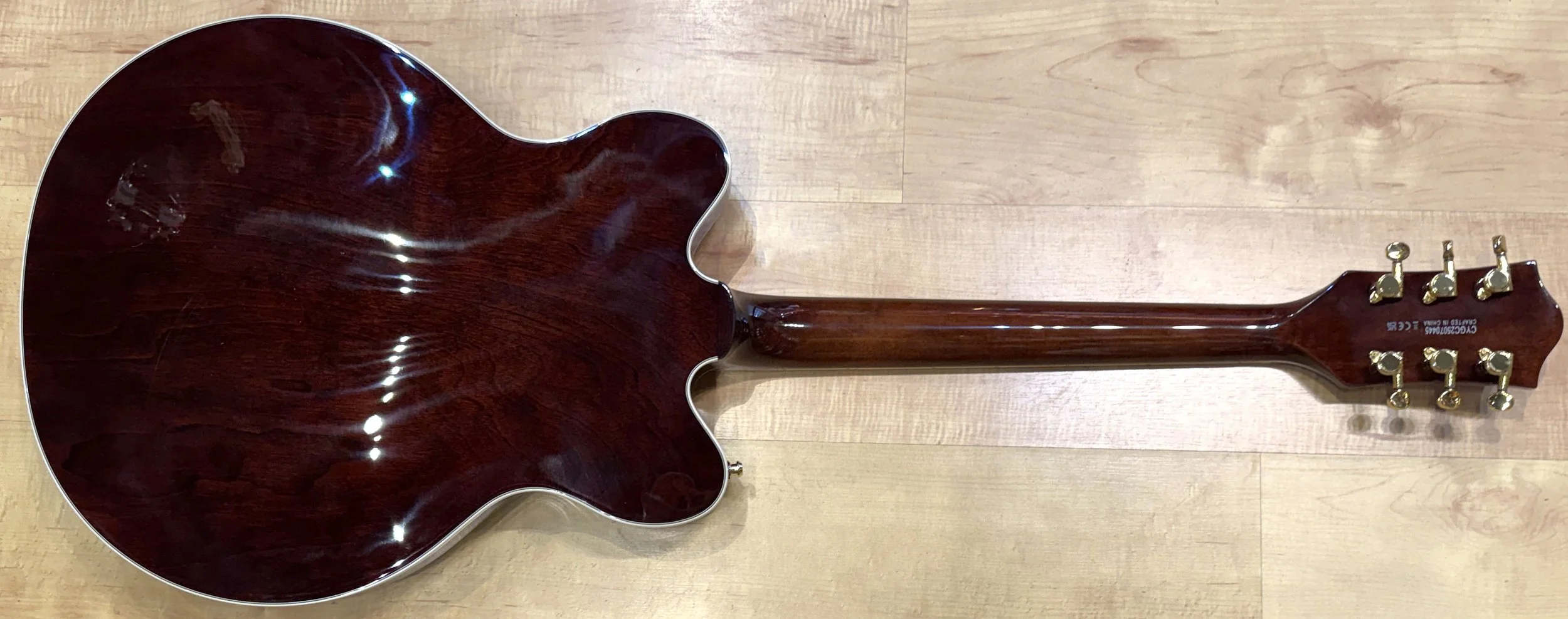 Back of the Gretsch Limited Edition Abbey Road Studiomatic Hollow Body Guitar with Bigsby In Classic Walnut Stain