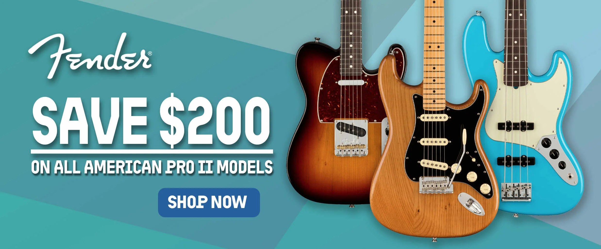 This picture advertises a sale on Fender American pro II Guitars where you can save 200 Dollars