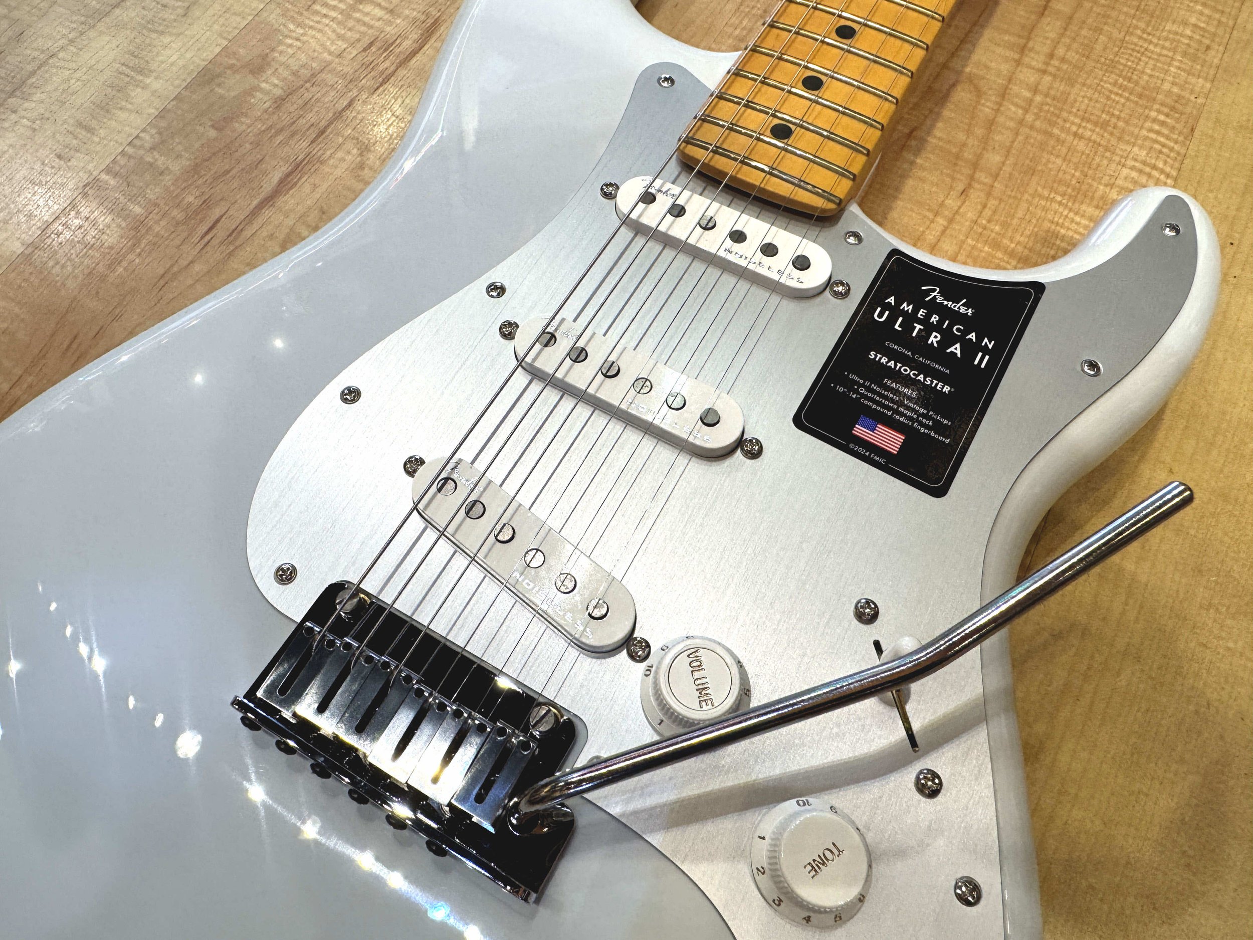 Tailpiece of the Fender American Ultra II Stratocaster Electric Guitar In Avalanche White