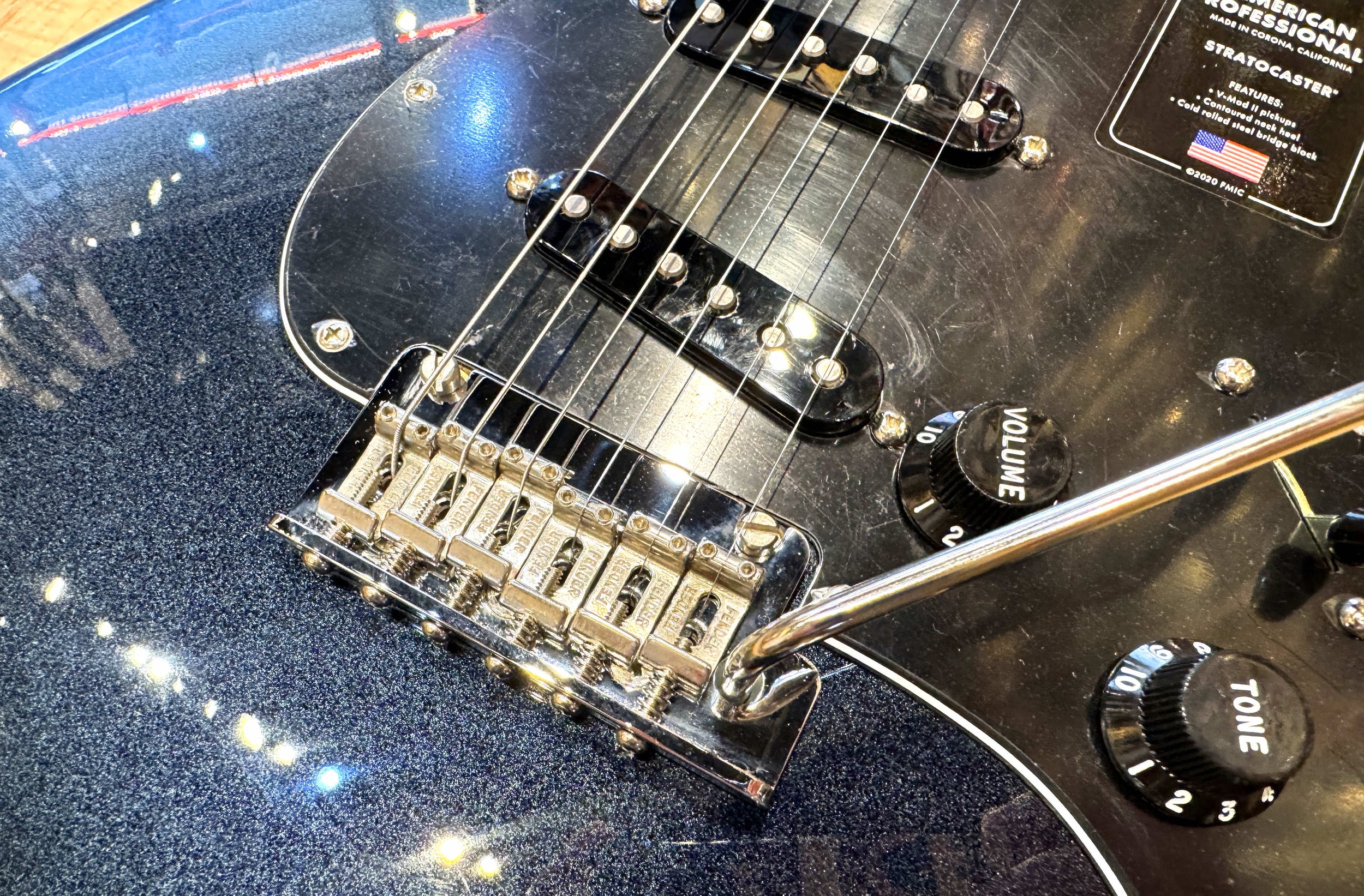 Bridge of the Fender American Professional II Stratocaster Electric Guitar In Dark Night