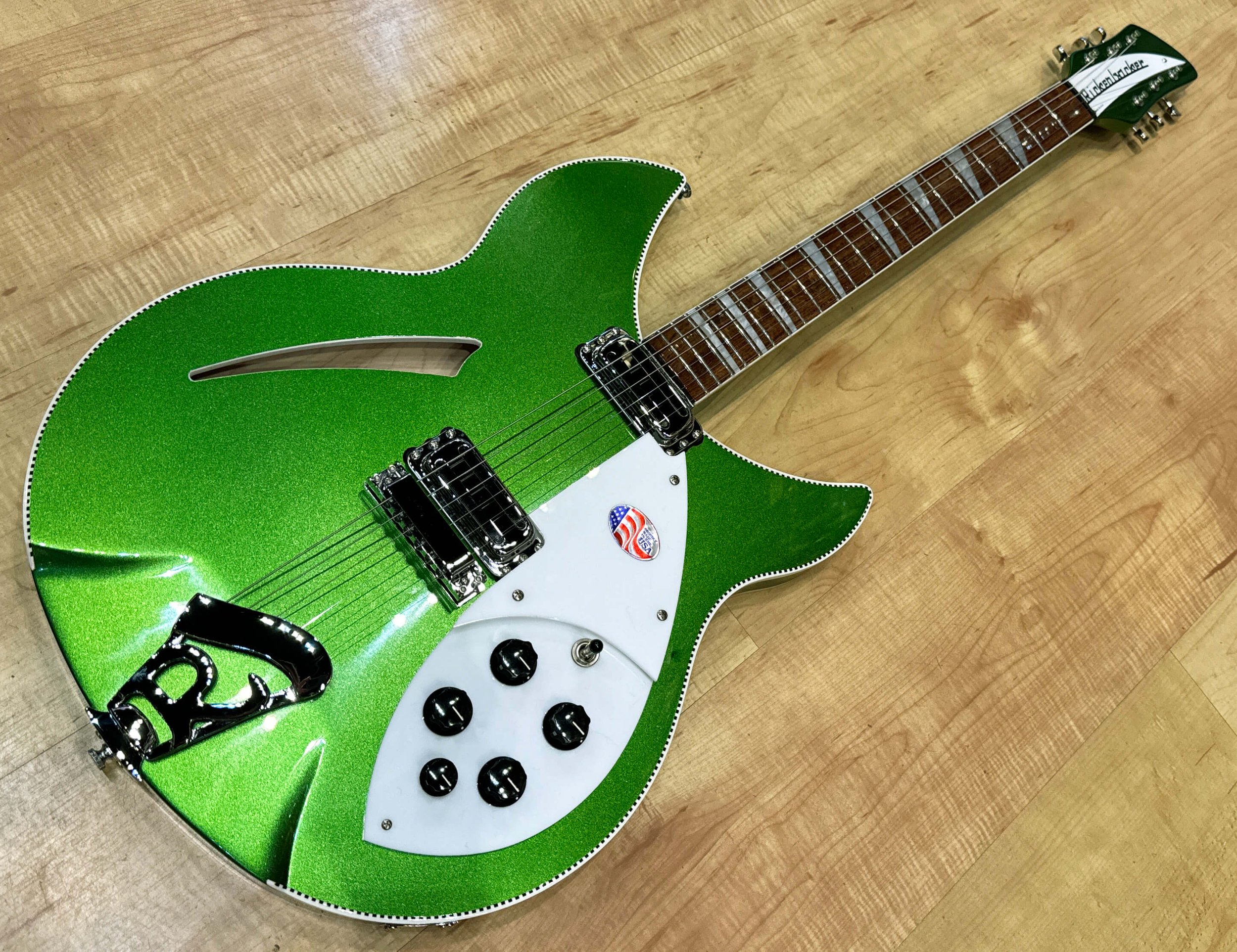 Full view of the Rickenbacker Fab Gear 2024 Limited Edition 60’s Style 360 Model Electric Guitar in Candy Apple Green