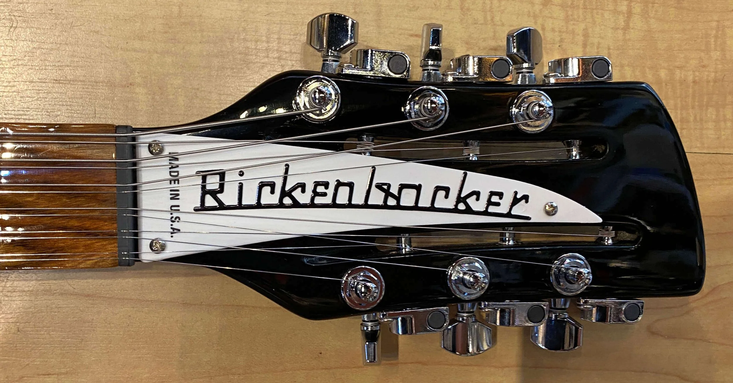 Headstock of the Rickenbacker 330/12 12-String 21-Fret Electric Guitar JetGlo Black