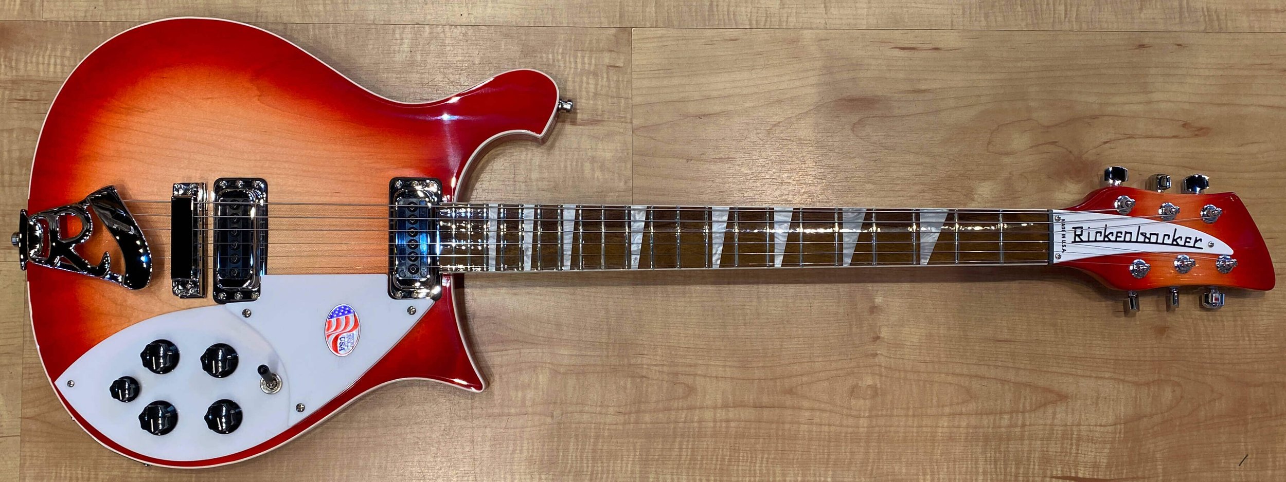 Front of the Rickenbacker 620 6-String Solid Body Electric Guitar In Fireglo Sunburst