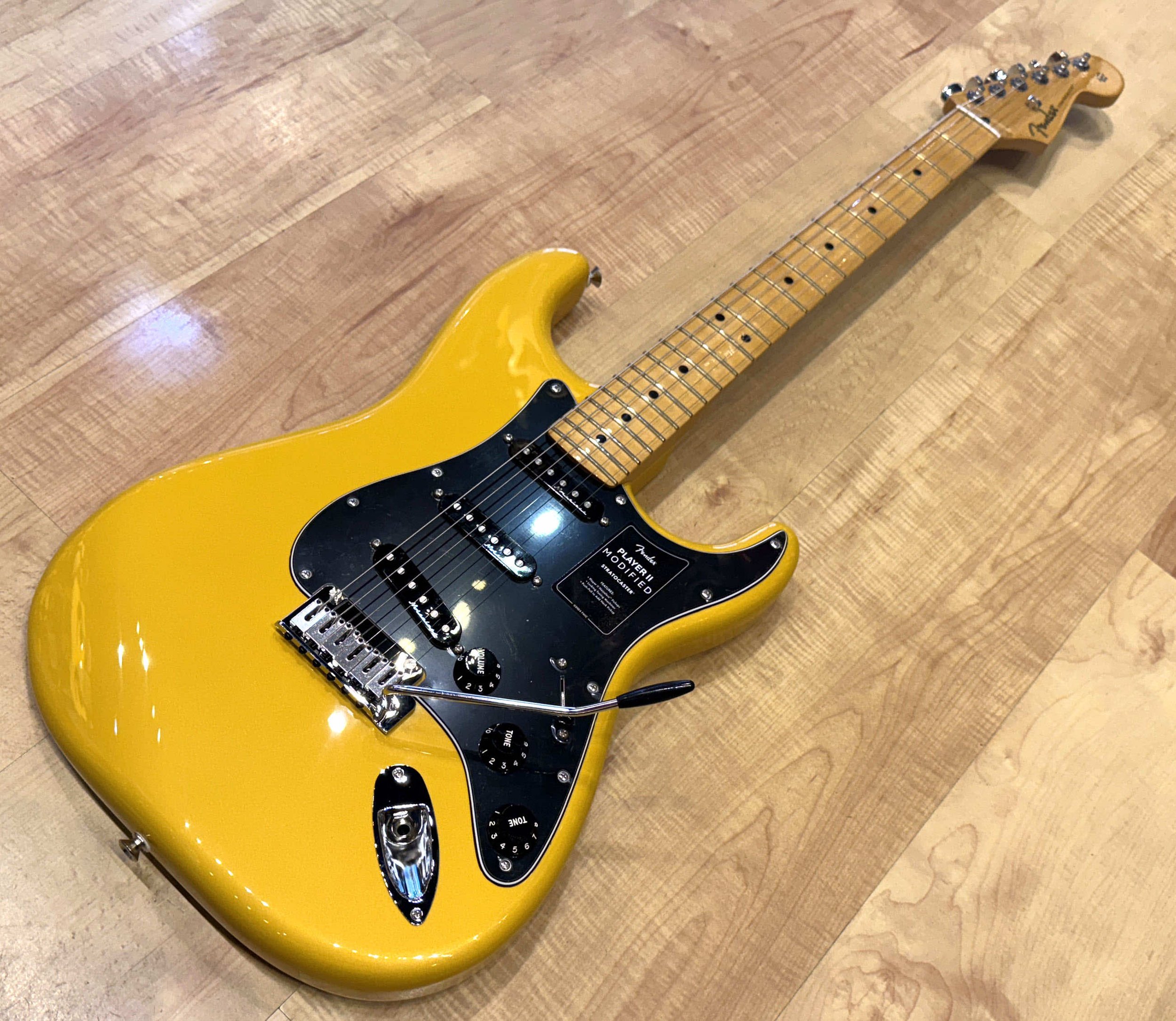 Full view of the Fender Player II Modified Stratocaster Electric Guitar In Sunshine Yellow