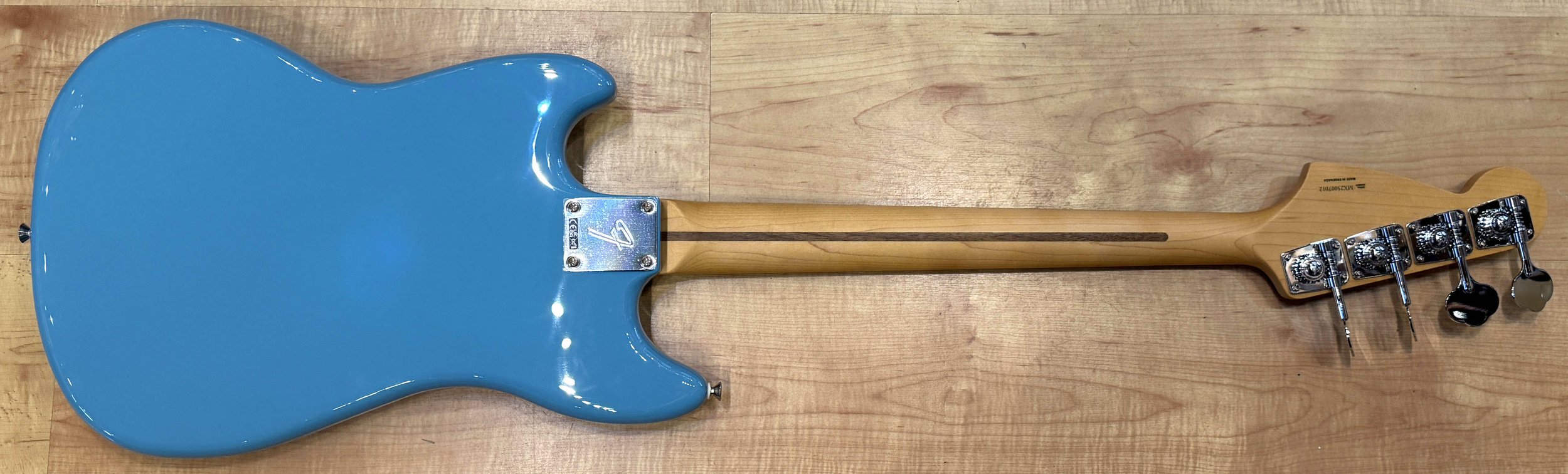 Back of the Fender Player II Mustang Bass PJ In Aquatone Blue
