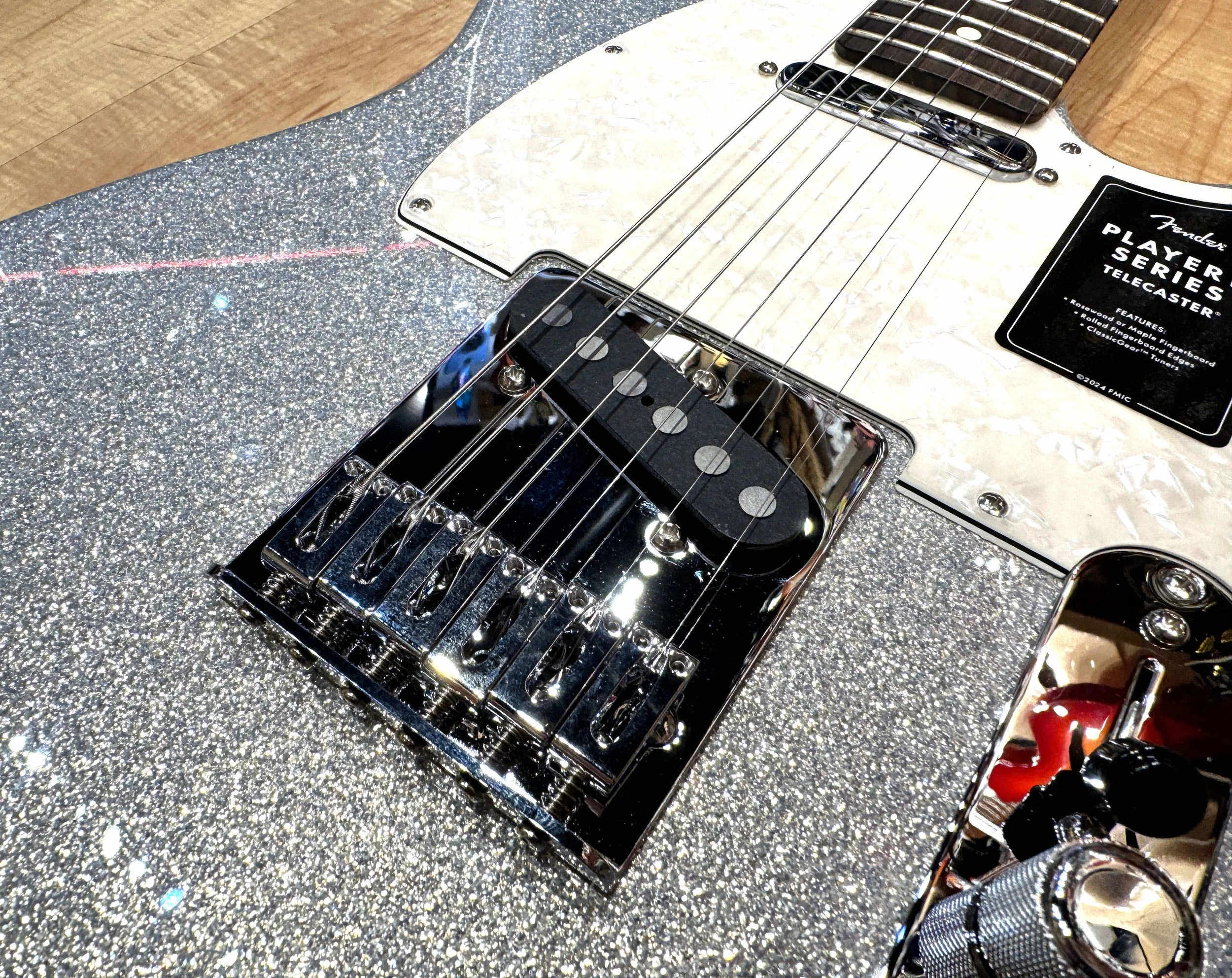 Bridge of the Fender Limited Edition 75th Anniversary Player II Telecaster Electric Guitar in Diamond Dust Sparkle