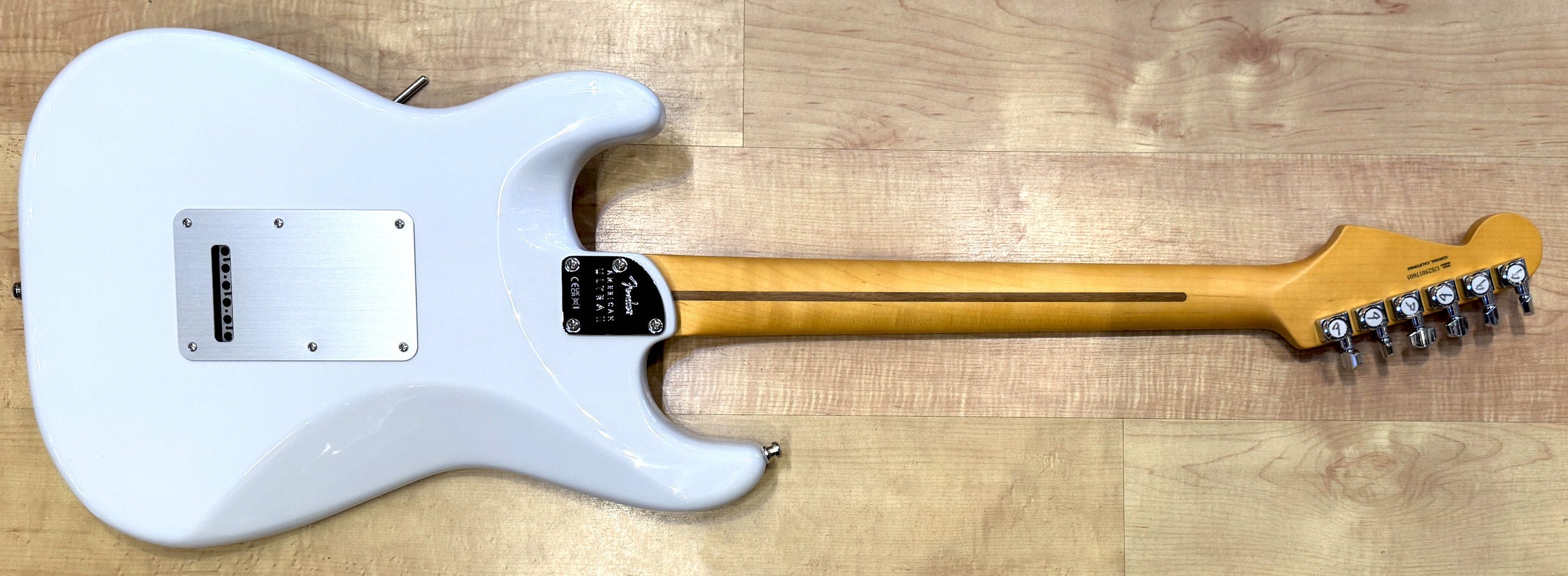 Back of the Fender American Ultra II Stratocaster Electric Guitar In Avalanche White