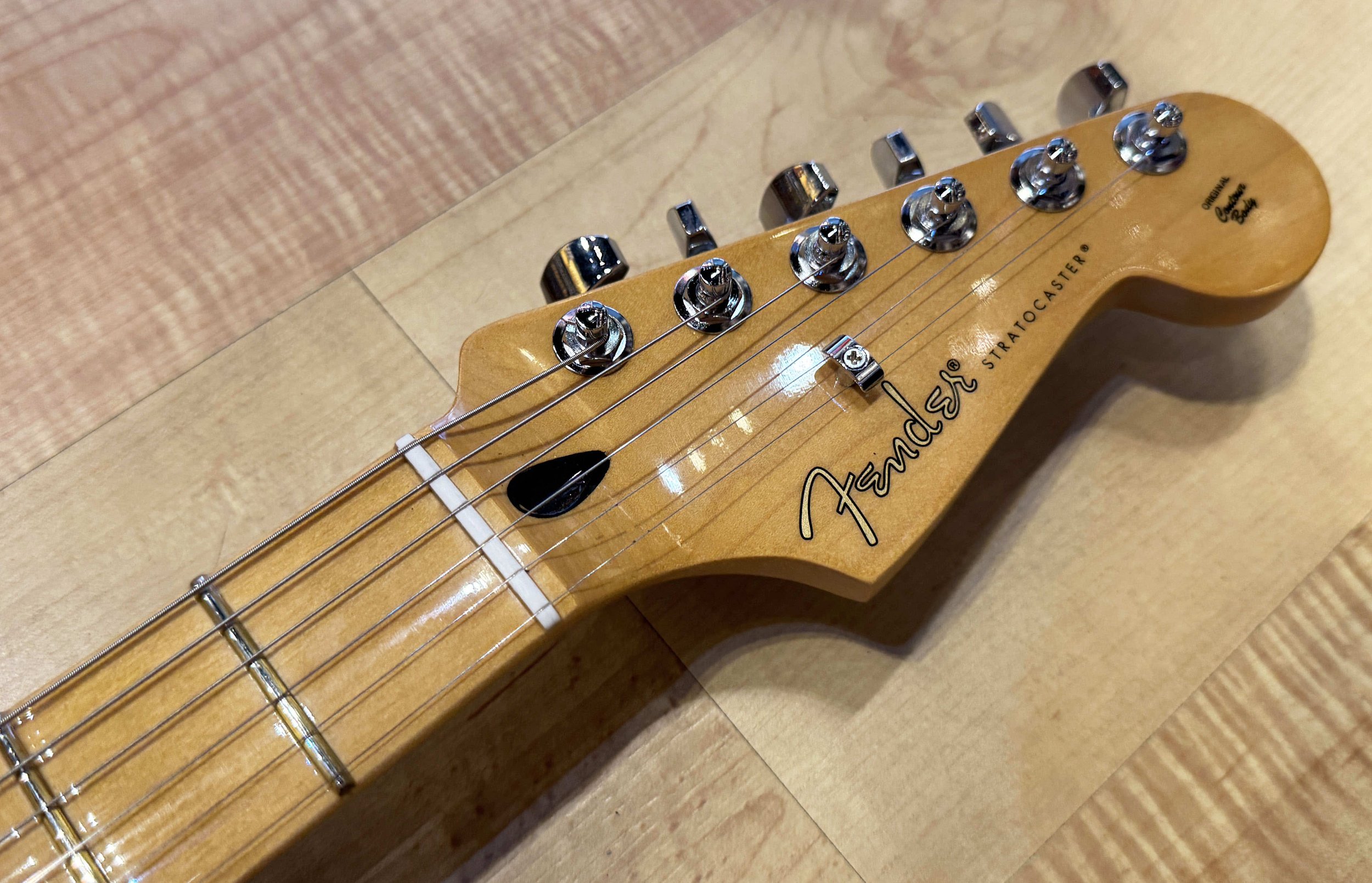 Headstock of the Fender Player II Modified Stratocaster Electric Guitar In Sunshine Yellow