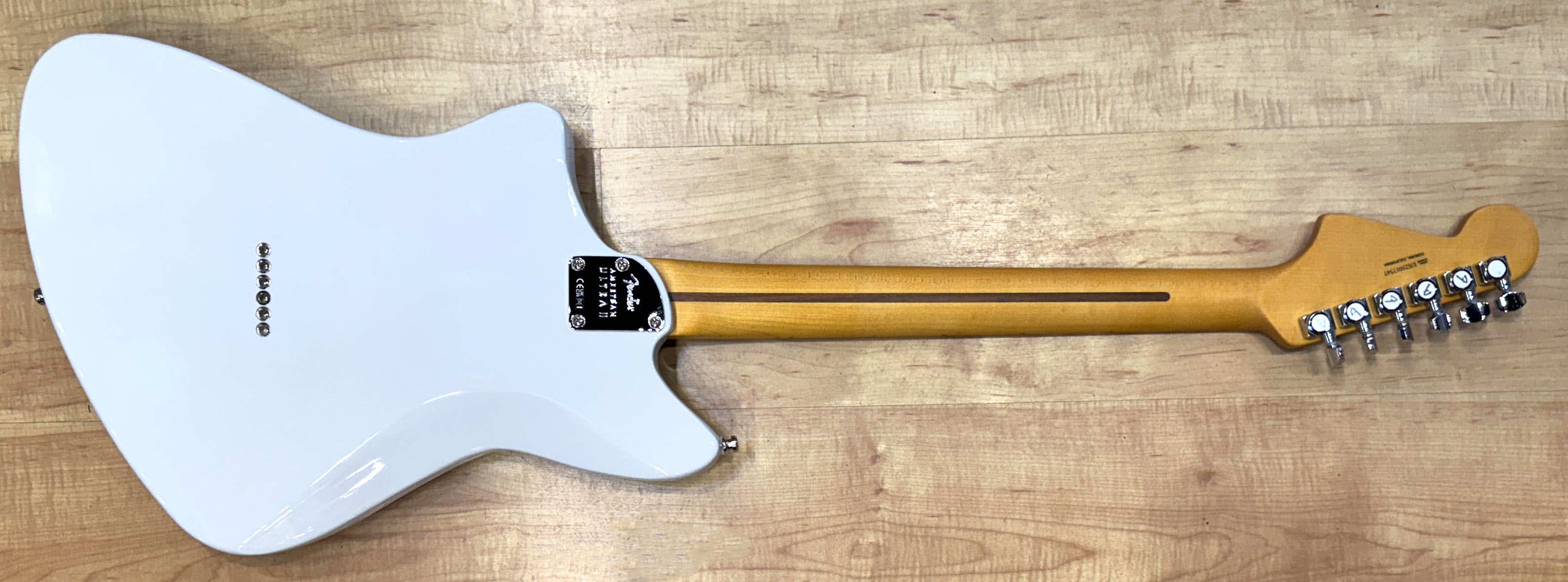 Back of the Fender American Ultra II Meteora Electric Guitar In Avalanche White