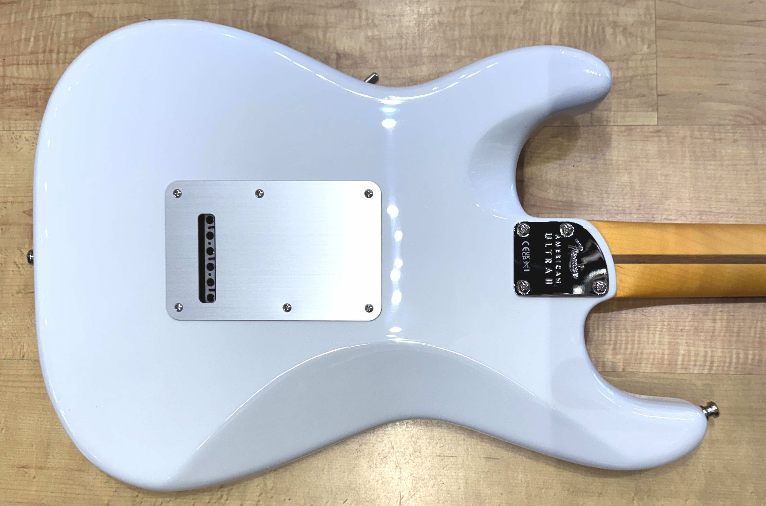 Back of the body of the Fender American Ultra II Stratocaster Electric Guitar In Avalanche White
