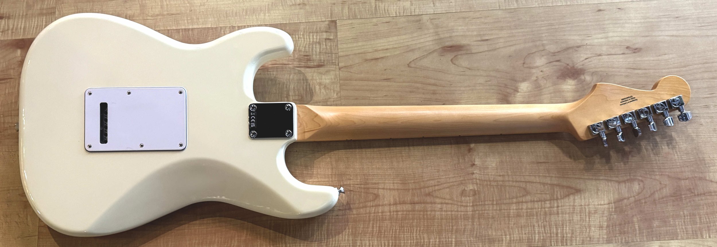 Back of the Fender Standard Stratocaster Electric Guitar In Olympic White