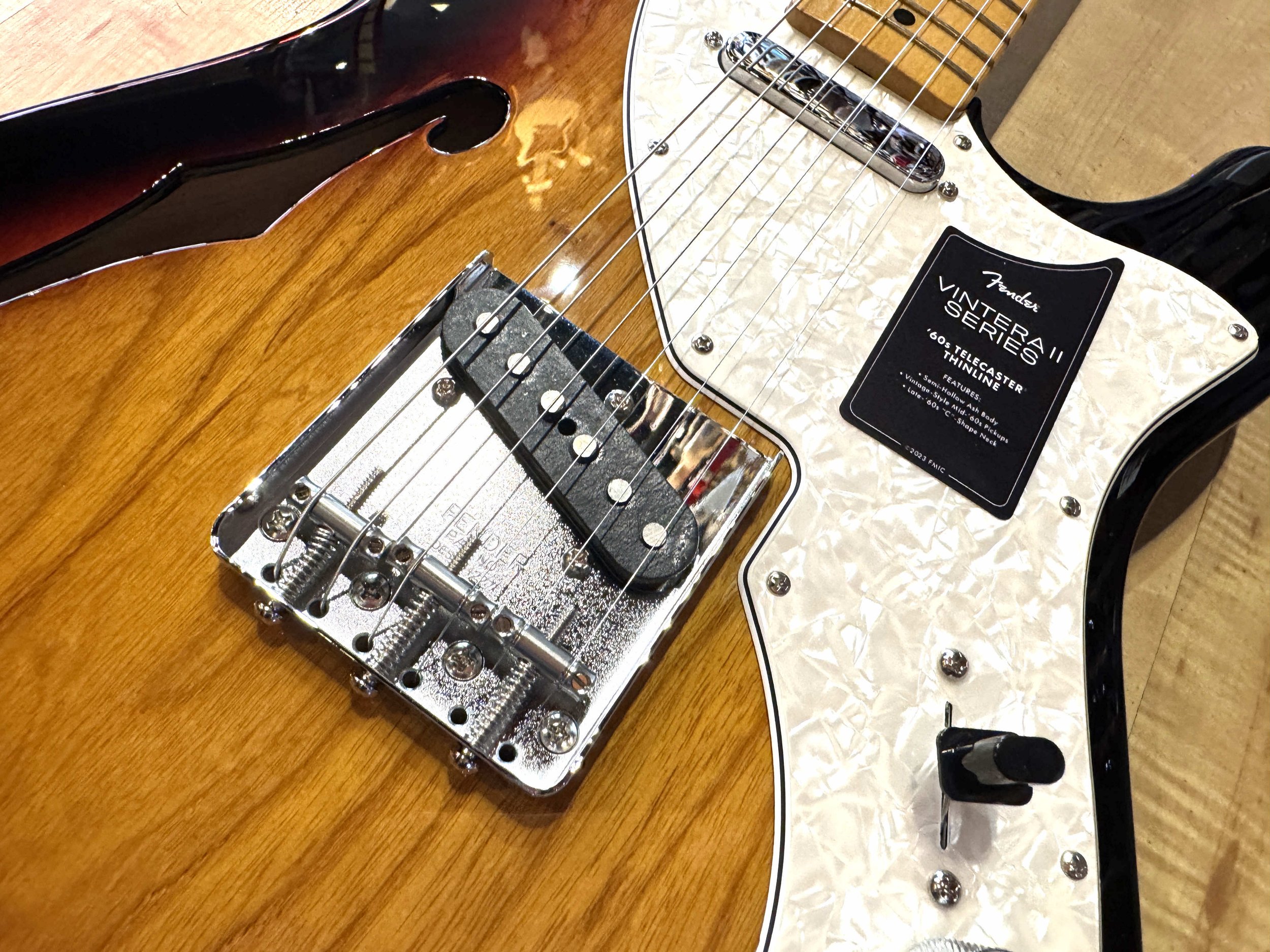 Bridge of the Fender Vintera II '60s Telecaster Thinline Semi-Hollow Electric Guitar 3-Color Sunburst Serial Number MX23041293