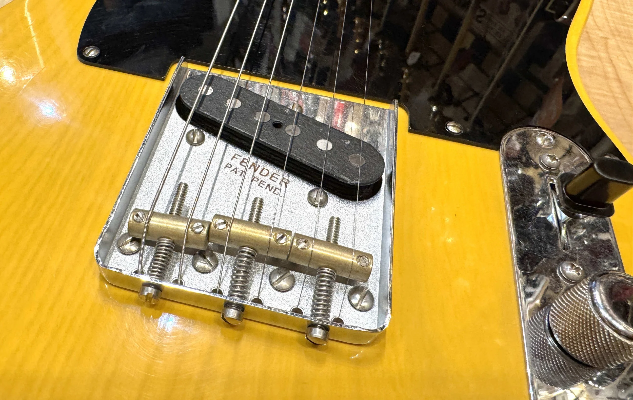 Bridge of the Fender 75th Anniversary Vintera Road Worn 1951 Telecaster In Butterscotch Blonde