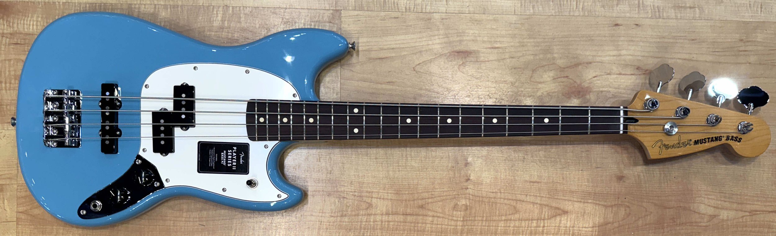 Front of the Fender Player II Mustang Bass PJ In Aquatone Blue