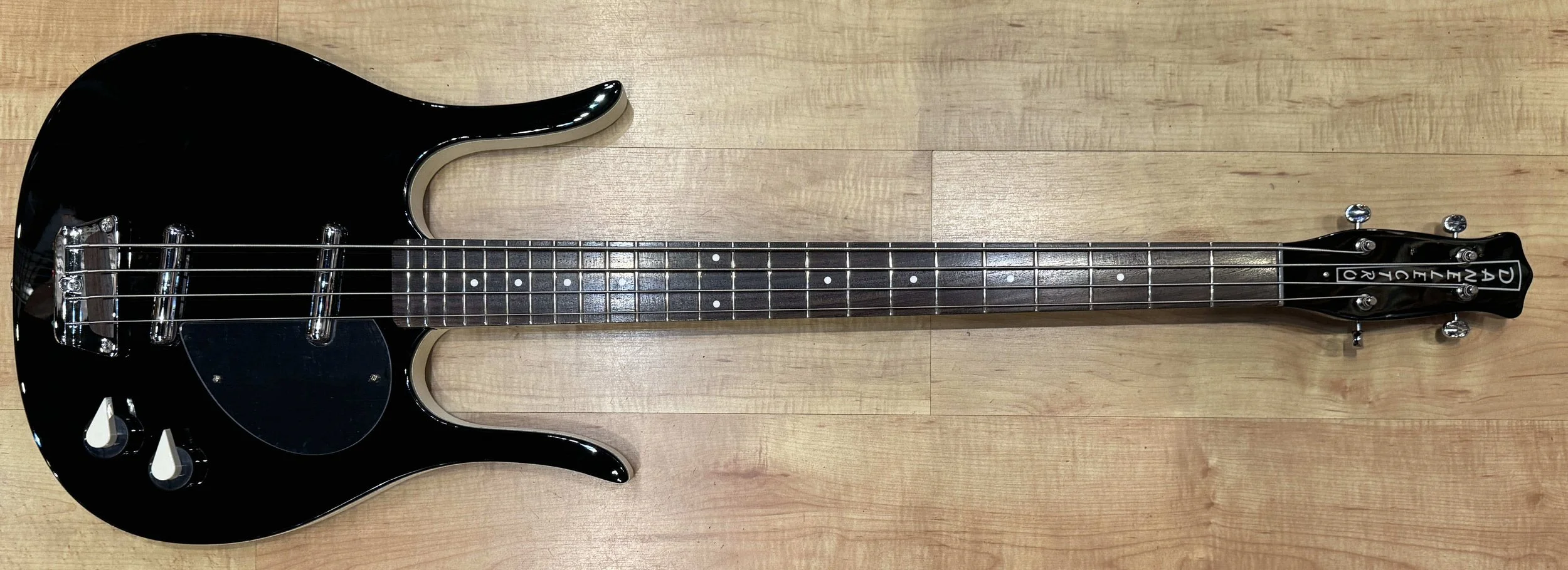 Front of the Danelectro Longhorn Bass Guitar in Black