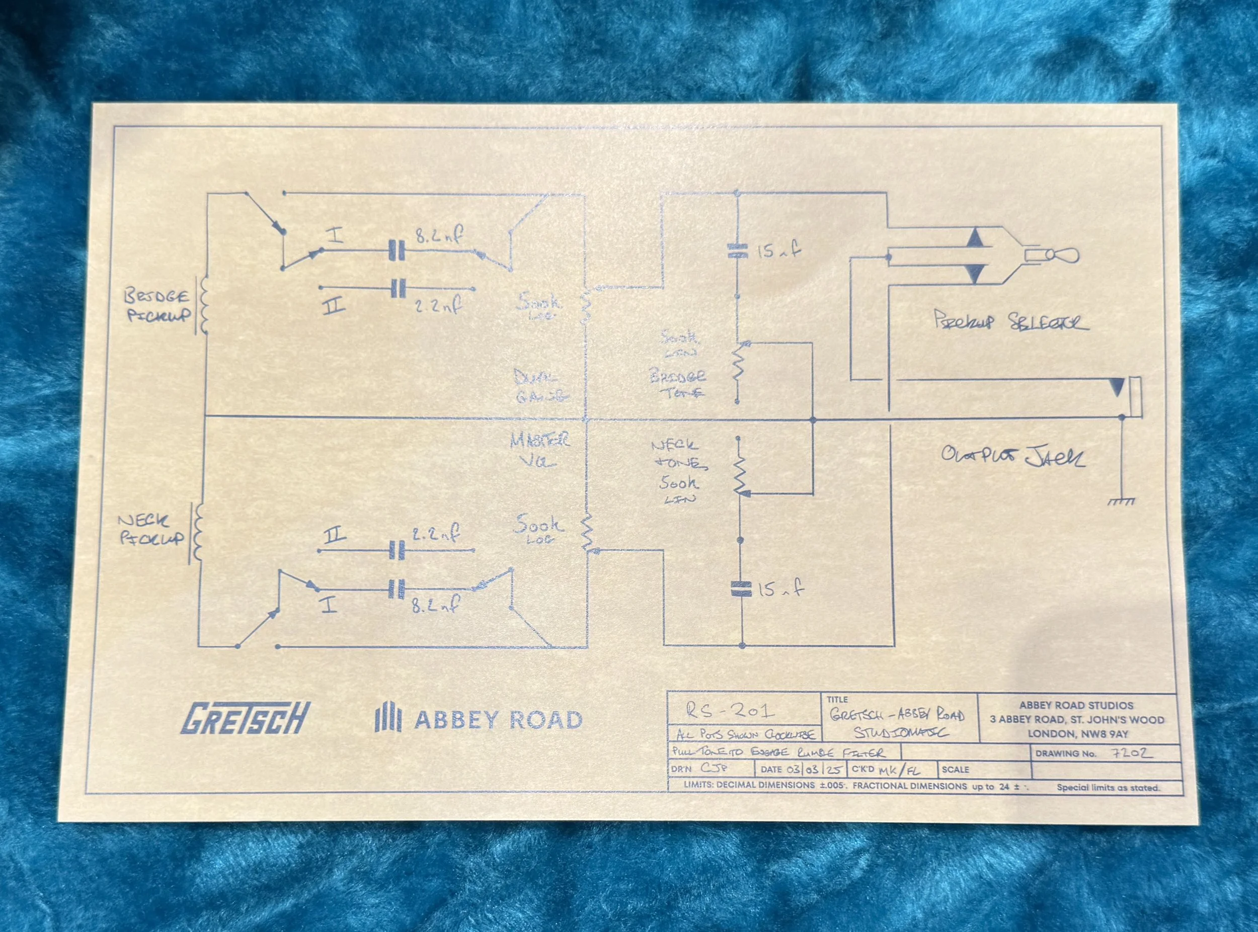 Other side of the electronics diagram of the Gretsch Limited Edition Abbey Road Studiomatic Hollow Body Guitar with Bigsby In Classic Walnut Stain