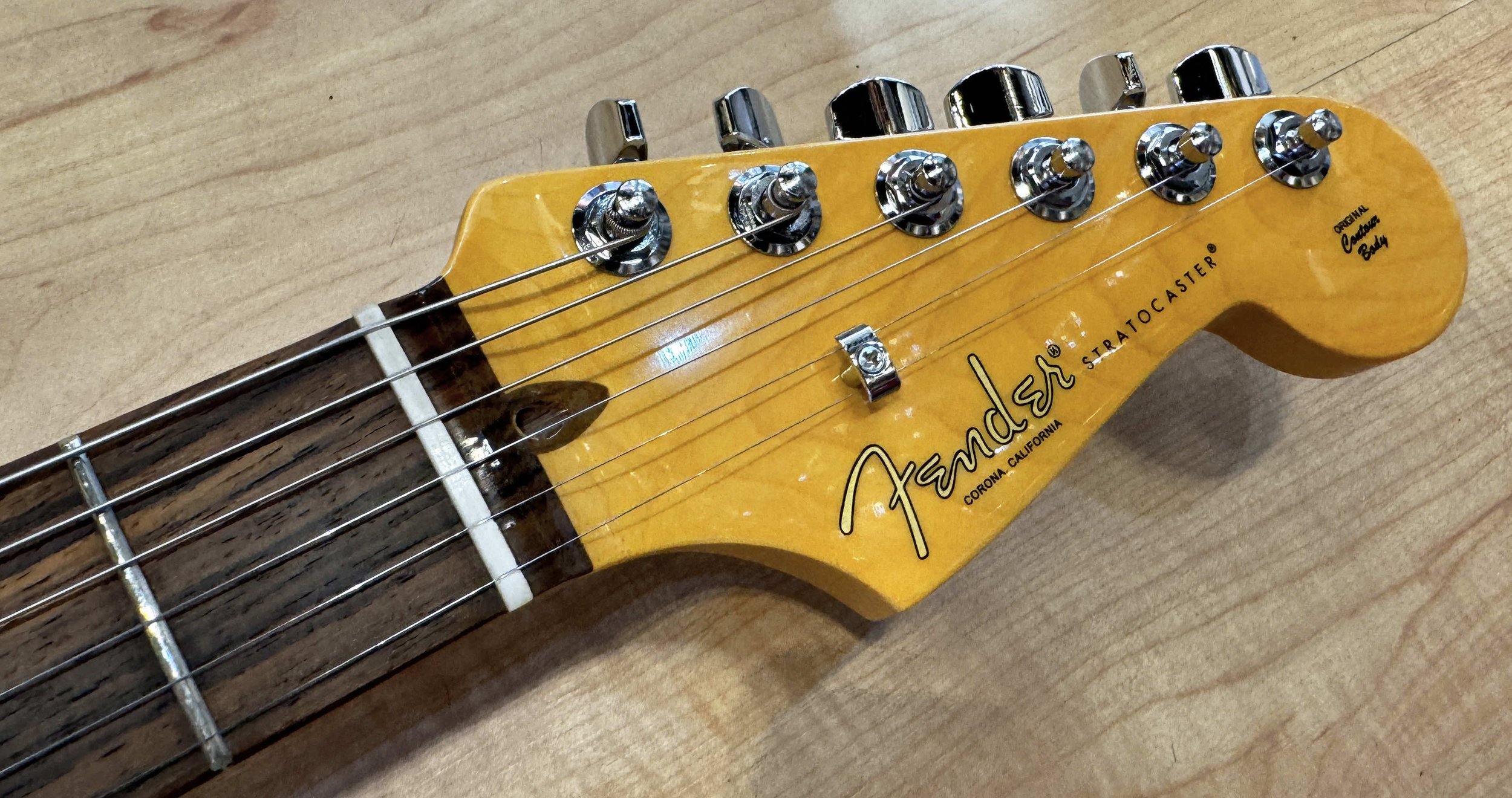 Headstock of the Fender American Professional II Stratocaster Electric Guitar with Rosewood Fingerboard in Roasted Pine