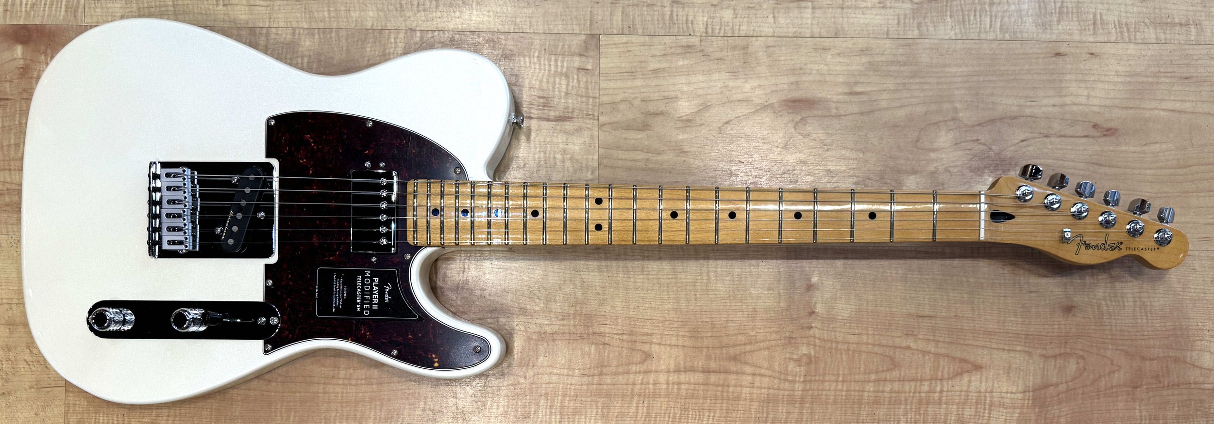 Front of the Fender Player II Modified Telecaster SH Electric Guitar in Olympic Pearl White