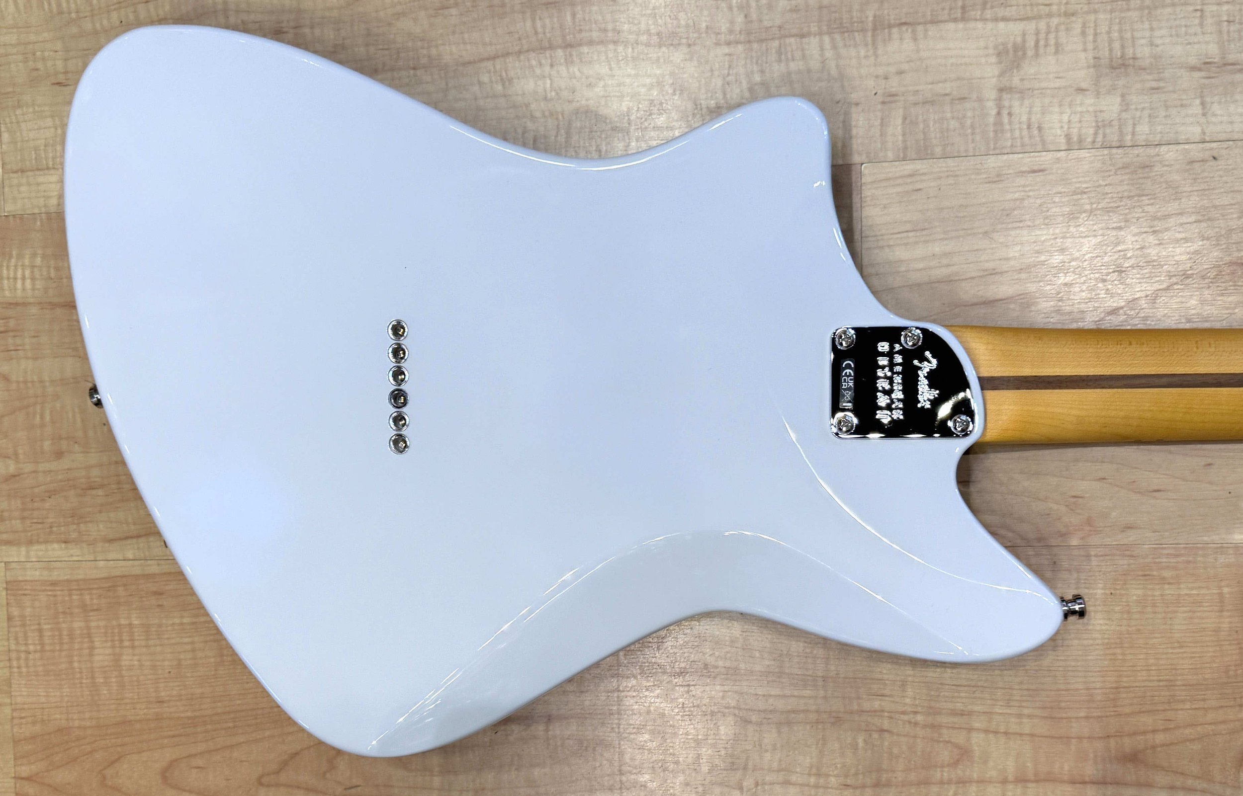 Back of the body of the Fender American Ultra II Meteora Electric Guitar In Avalanche White