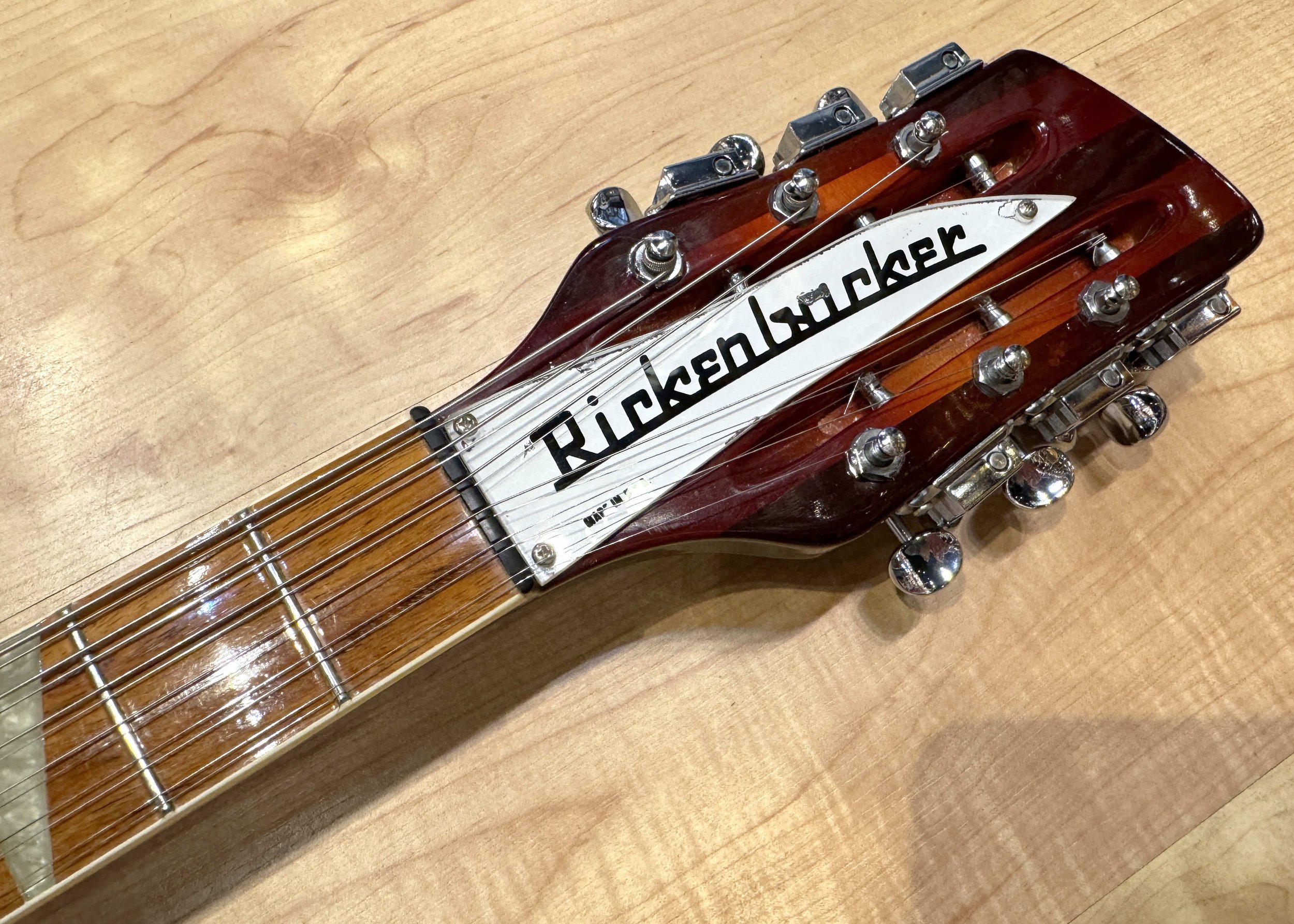 Headstock of the Rickenbacker 360/12V64 Reissue 12-String Electric Guitar In FireGlo Vintage 1987