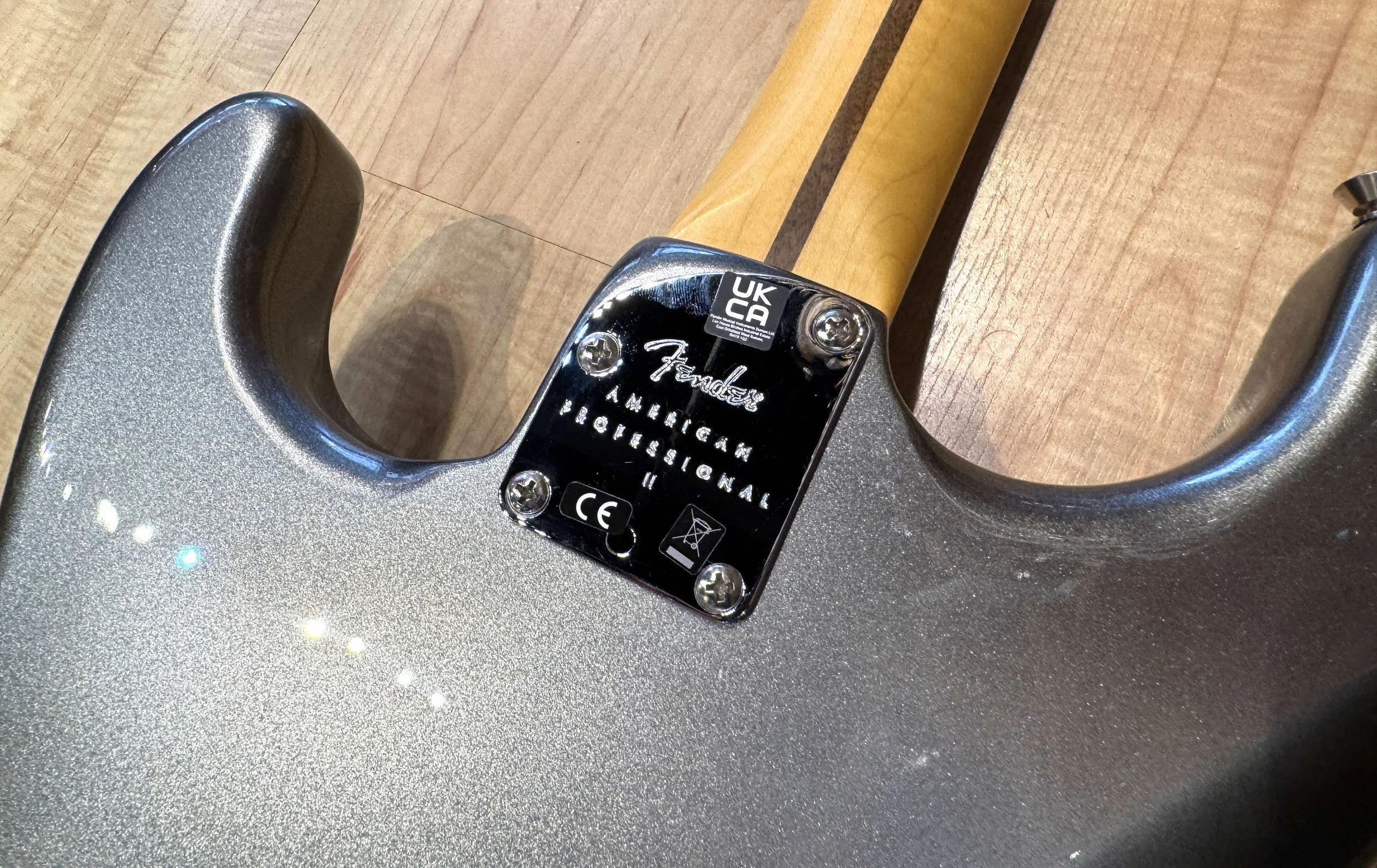 Neck of the plate of the Fender American Professional II Stratocaster Electric Guitar In Mercury