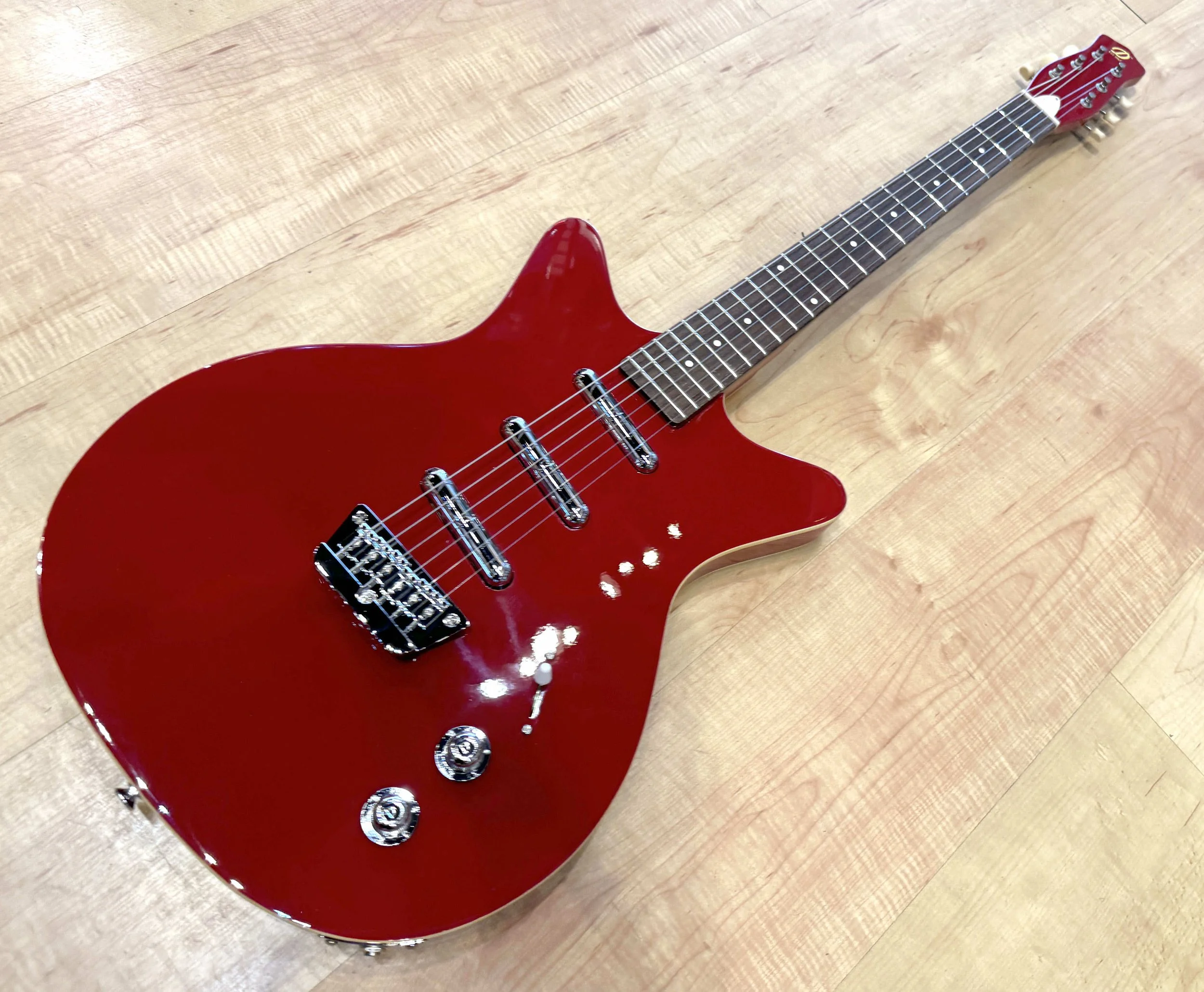 Full view of the Danelectro '59 Triple Divine Semi-Hollow Electric Guitar In Red