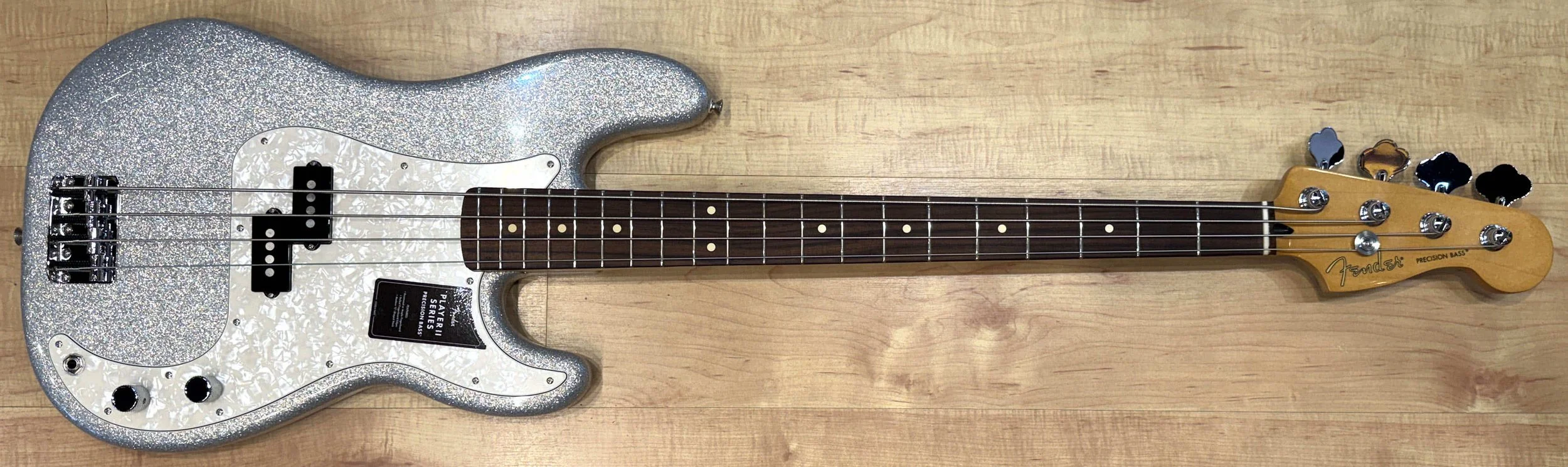 Front of the Fender Limited Edition 75th Anniversary Player II Precision Bass In Diamond Dust Sparkle