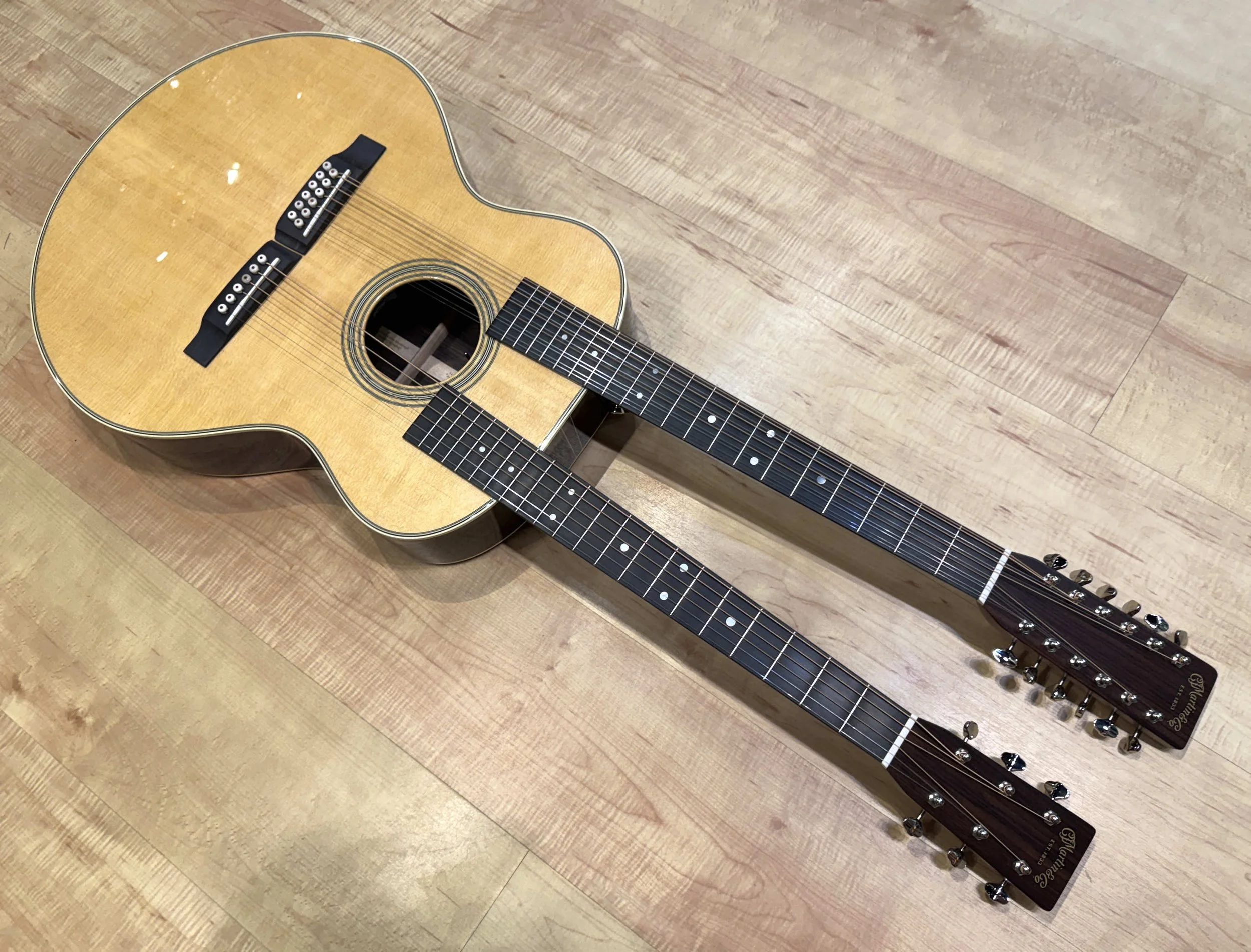 Necks of the Martin Grand J-28E DN 12-String and 6-String Double Neck Acoustic Electric Guitar