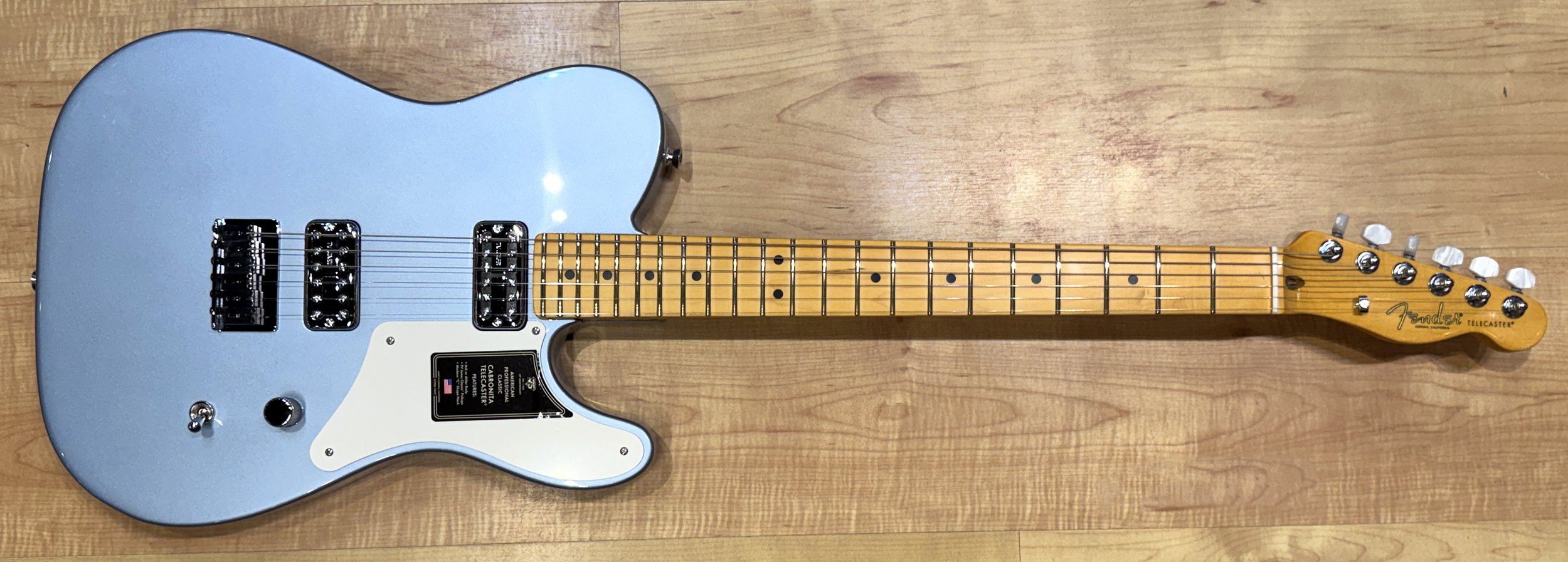 Front of the Fender 75th Anniversary American Professional Classic Cabronita Telecaster in Ice Blue Metallic
