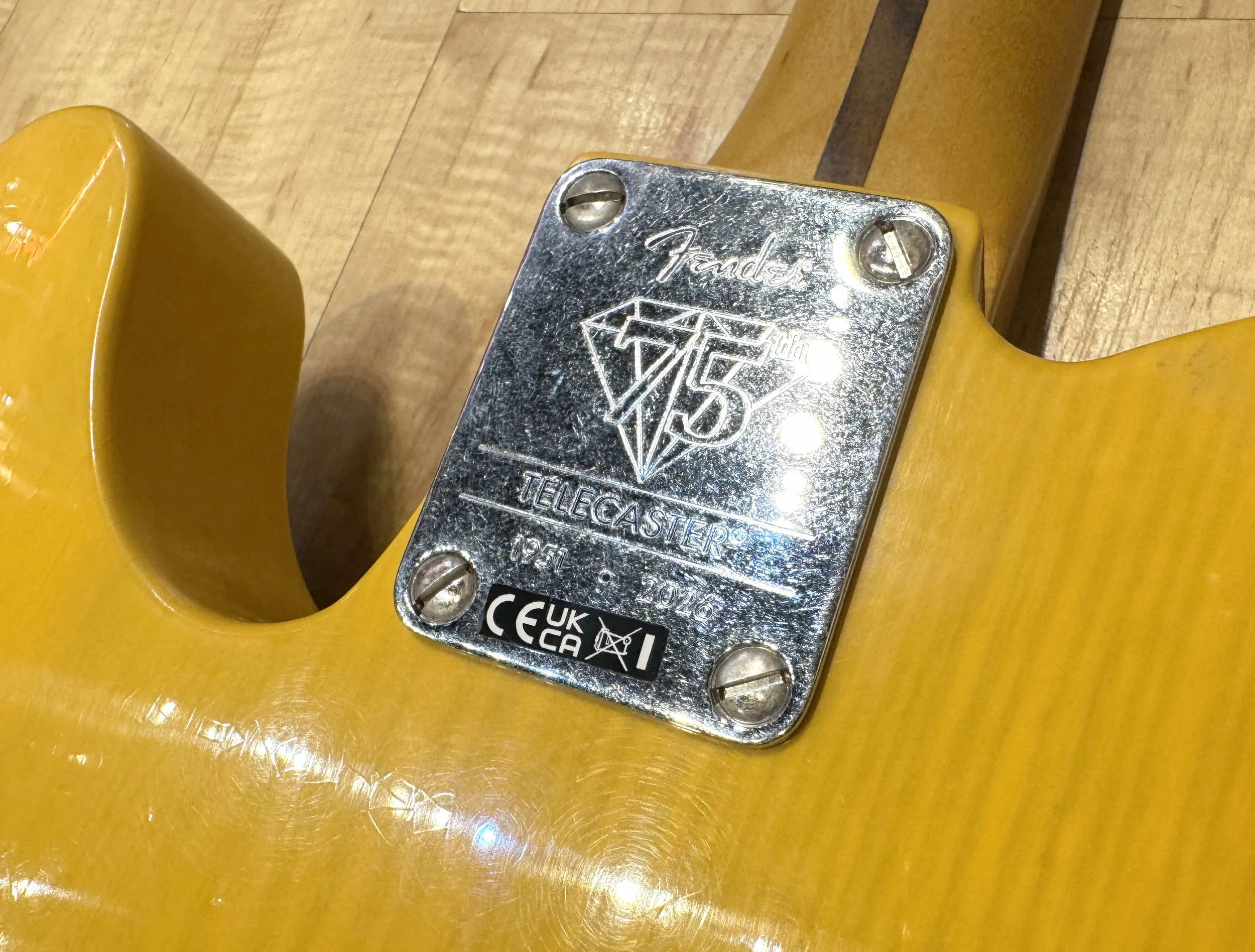 Neck plate of the Fender 75th Anniversary Vintera Road Worn 1951 Telecaster In Butterscotch Blonde
