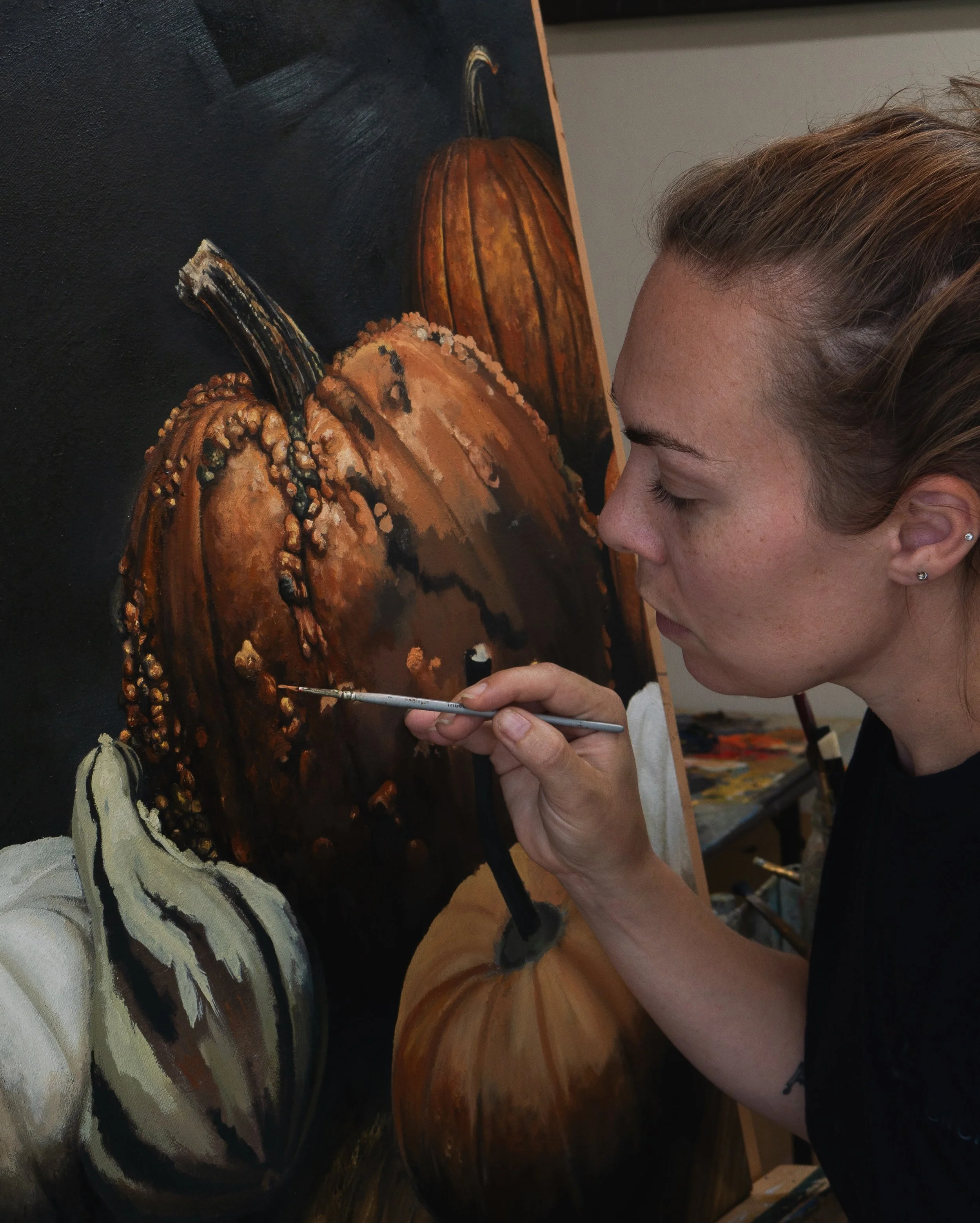 A moment for last year&rsquo;s pumpkin painting &ldquo;Warts and All&rdquo; 🫶🏻🧡 a piece grounded in the deepest colors of this season reminding us of the beauty in loving something and someone, warts and all. 

Original sold
Prints available