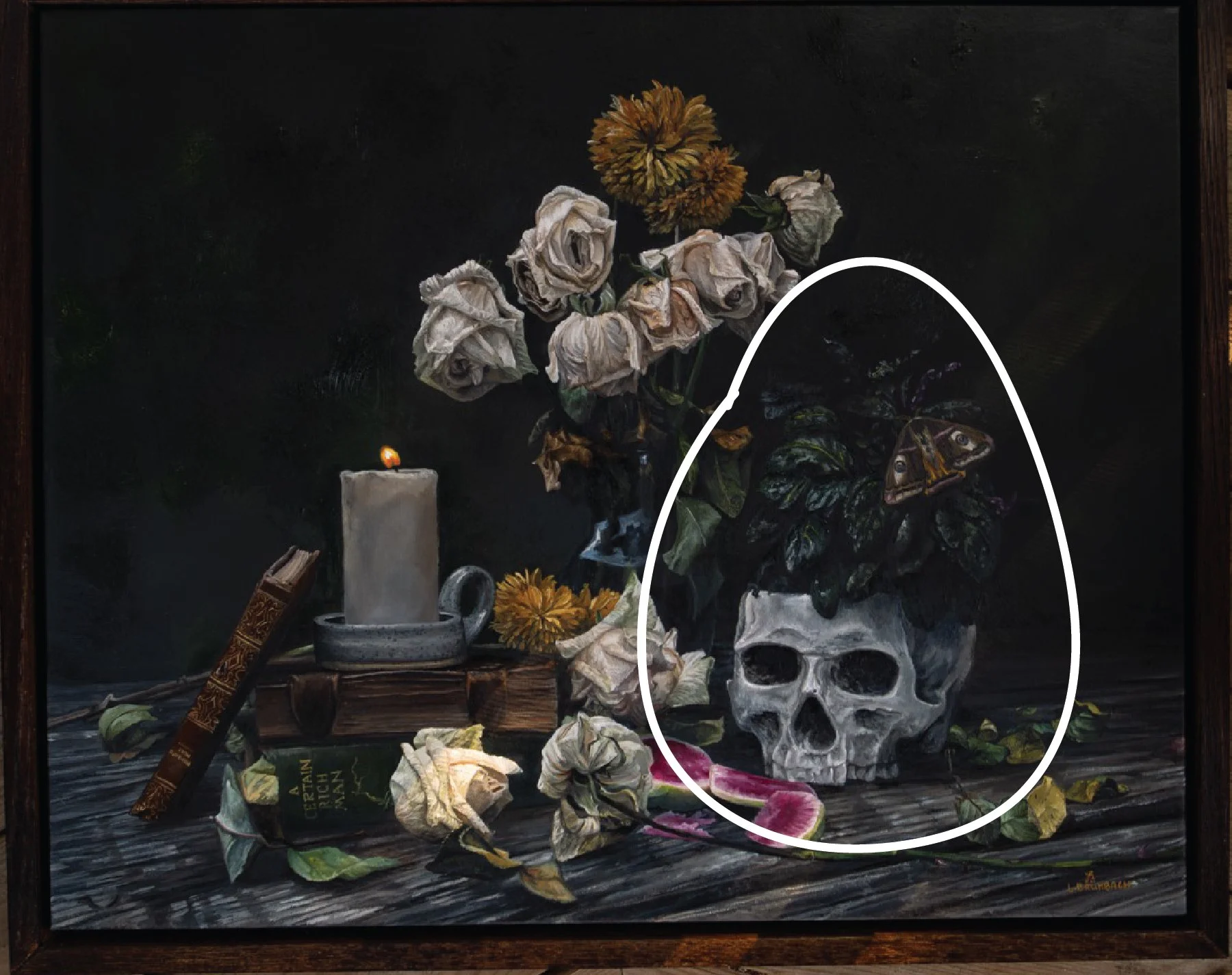Dark still-life painting of wilted roses, chrysanthemums, a candle, book, and skull topped with two crows, highlighted by a white oval