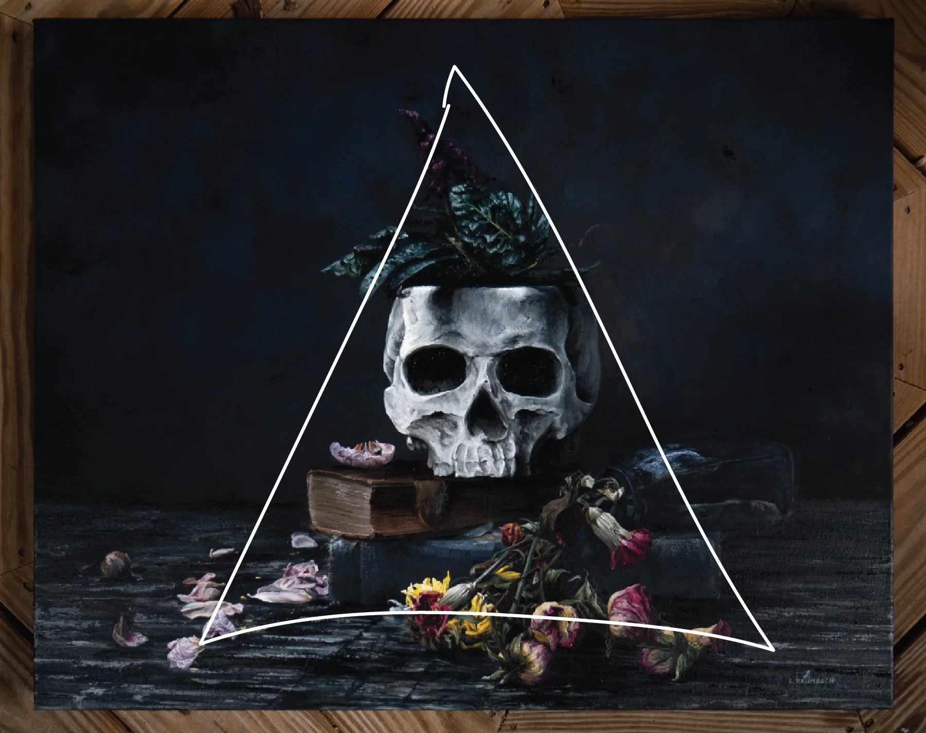 Dark still-life painting of a skull wearing a leafy crown, resting on books among wilted flowers, with a white triangle outline