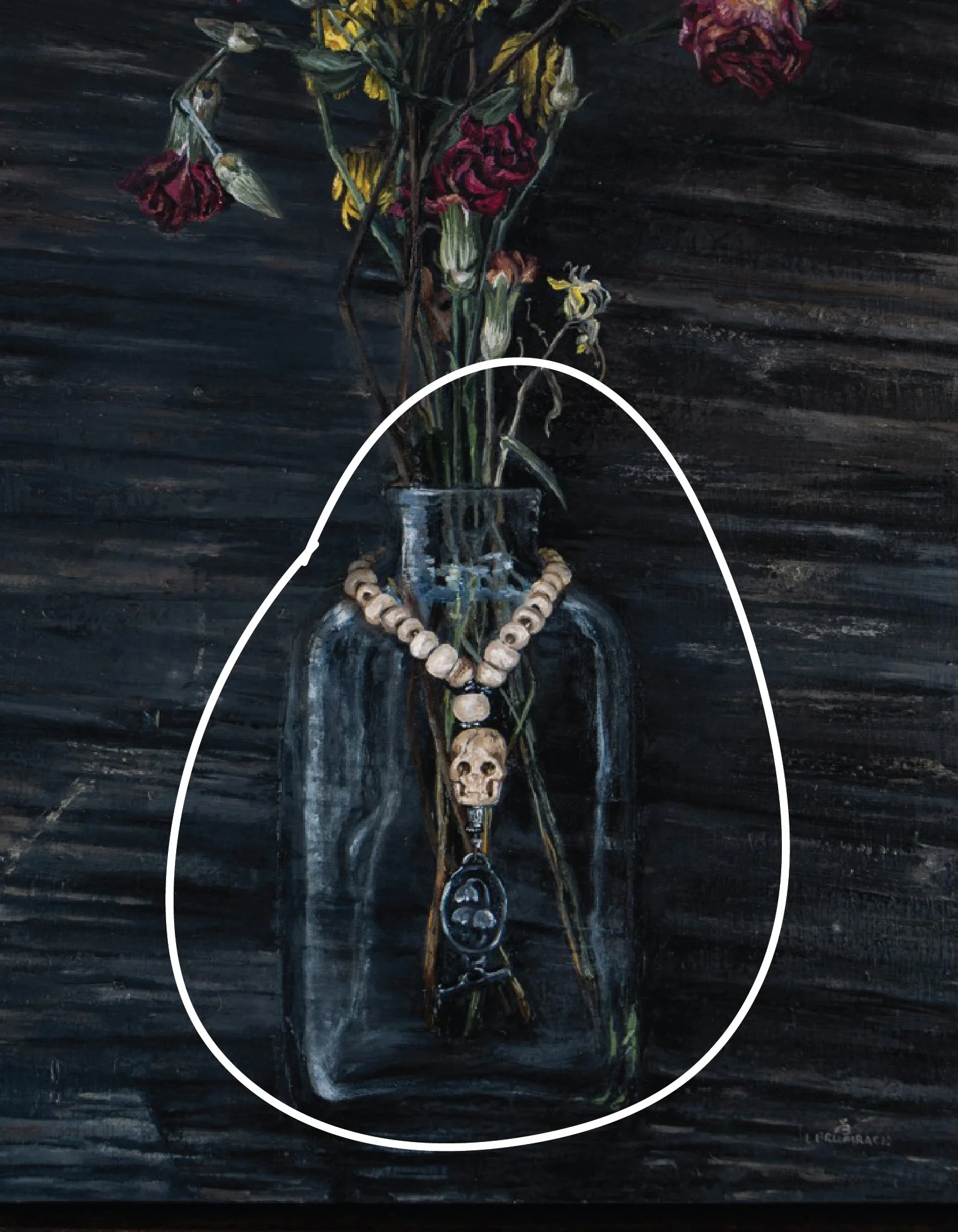 Dark still-life painting of wilted flowers in a glass vase with a skull pendant necklace, outlined by a white oval.